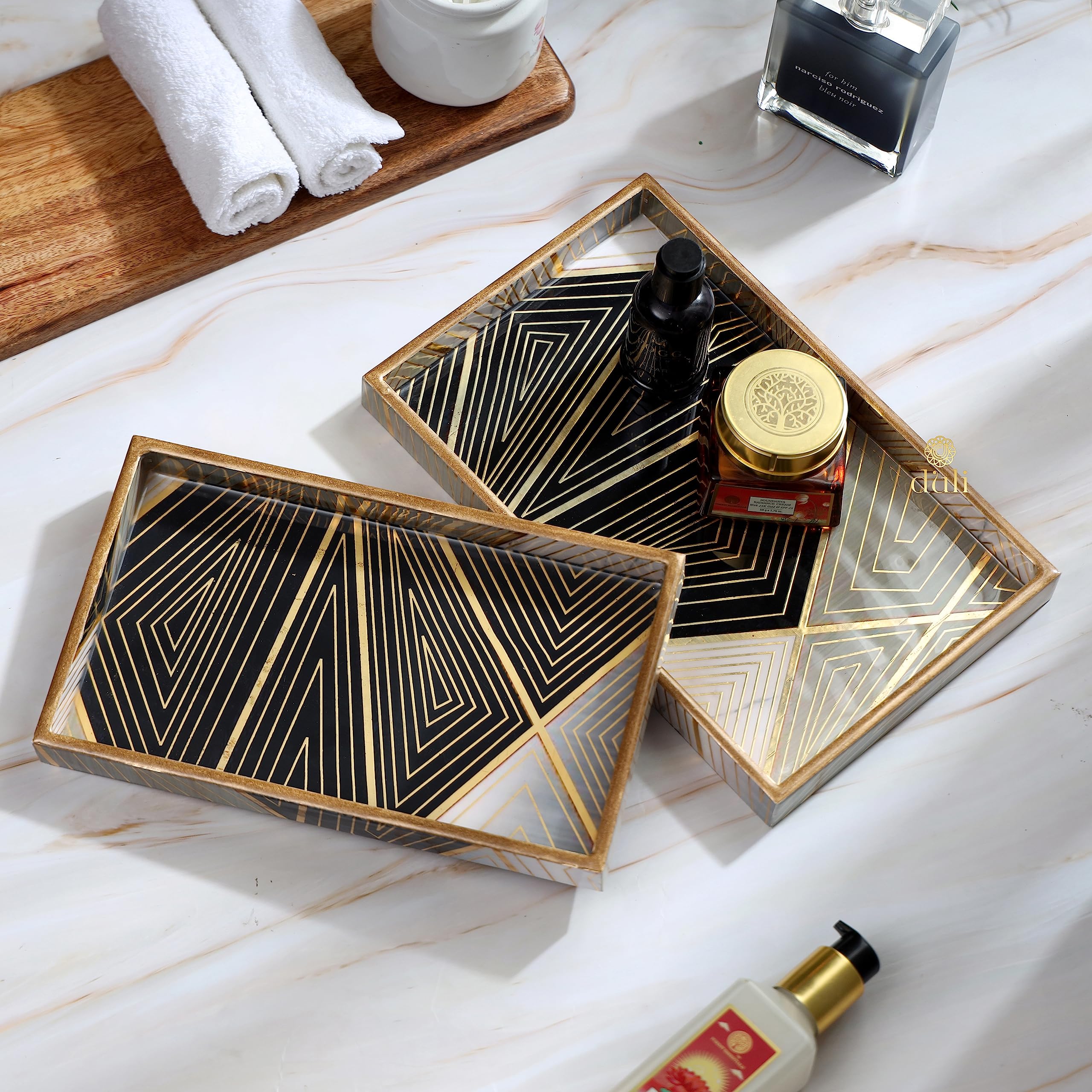 Duli Set Of 2 Mdf Wood Trays Enamel Coated|Rectangle Trays Set Of 2|Serving Trays|Wooden Tray|Kitchen&Dining Decorative|Resin Tr