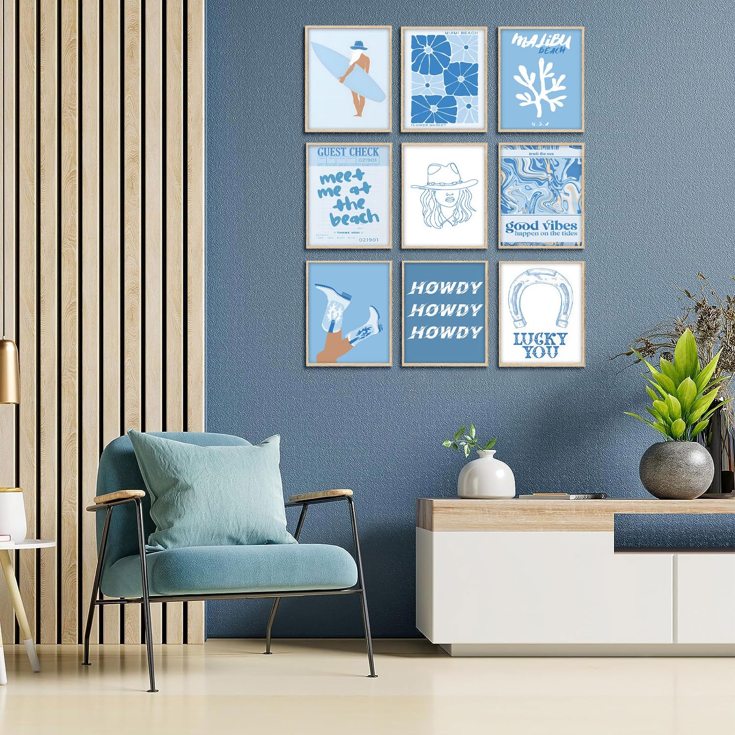 9Pcs Coastal Cowgirl Wall Art, Surfer Girl Canvas Posters Blue Beachy Cowgirl Room Decor Preppy Aesthetic Pictures Prints For Te
