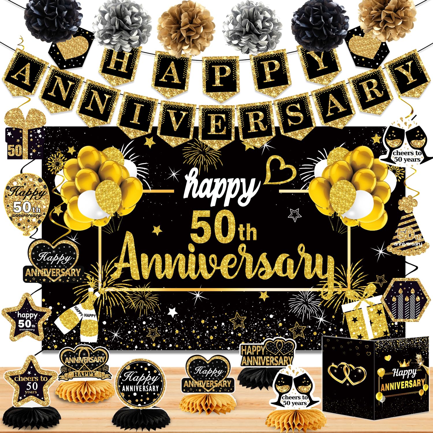 Happy 50Th Anniversary Decorations,22Pcs Happy 50Th Anniversary Party Supplies,Including Happy 50Th Anniversary Banner Backdrop,