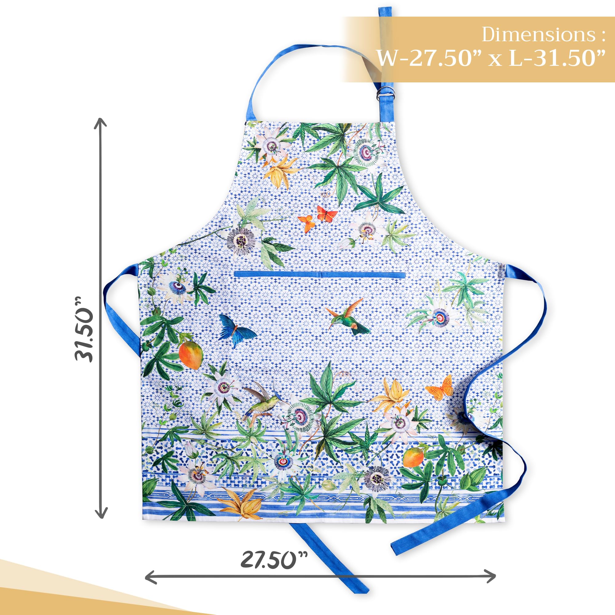 Maison d ' Hermine Apron 100% Cotton 27.50 Inch x 31.50 Inch 1 Piece Adjustable Neck Strap Cloth Apron with Center Pocket for Gifts  Women  Men  Chef  Passiflora - Spring/Summer