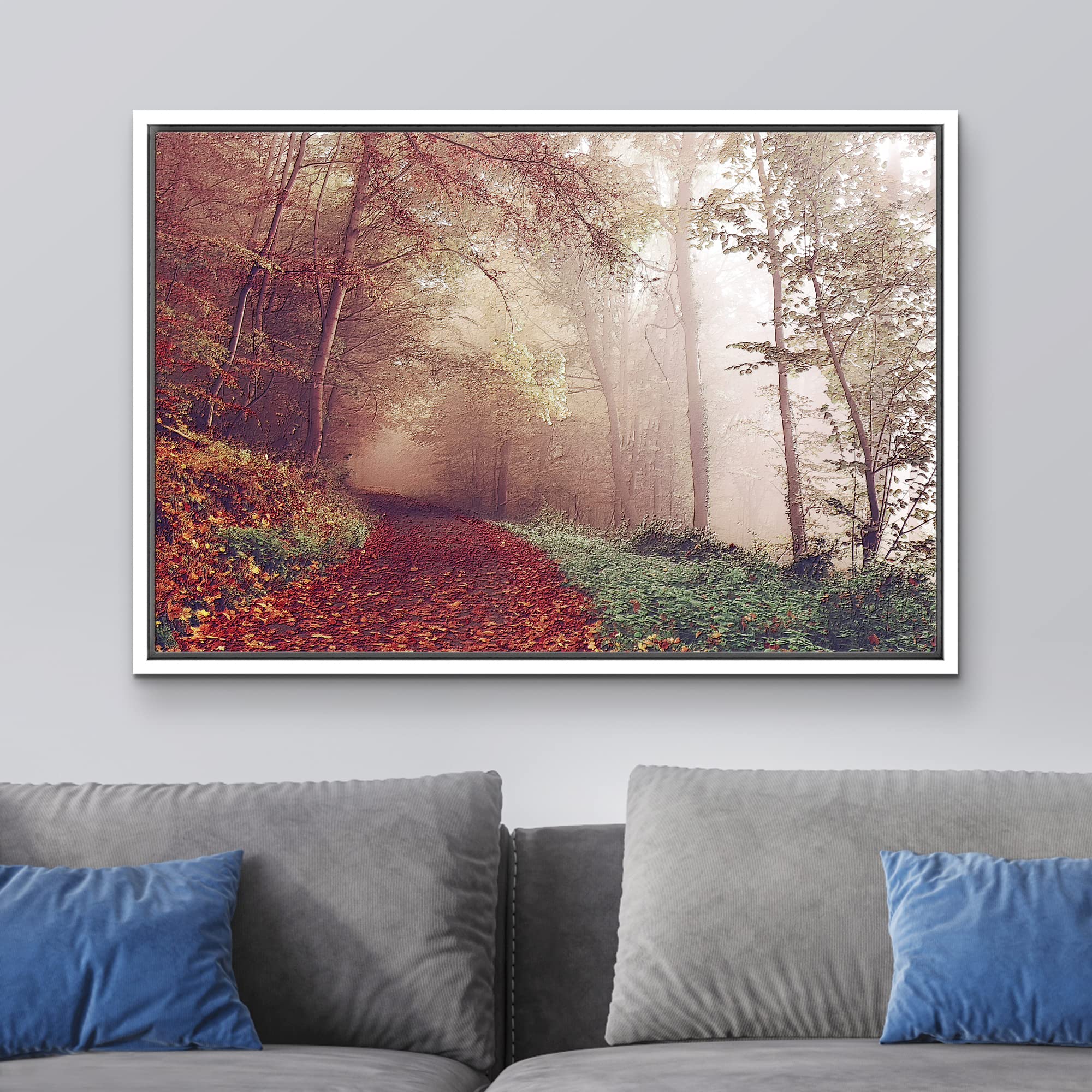 wall26 Framed Canvas Print Wall Art Path in The Red Pine Tree Forest Nature Wilderness Photography Modern Art Rustic Scenic Colorful Multicolor for Living Room  Bedroom  Office - 24''x36'' White
