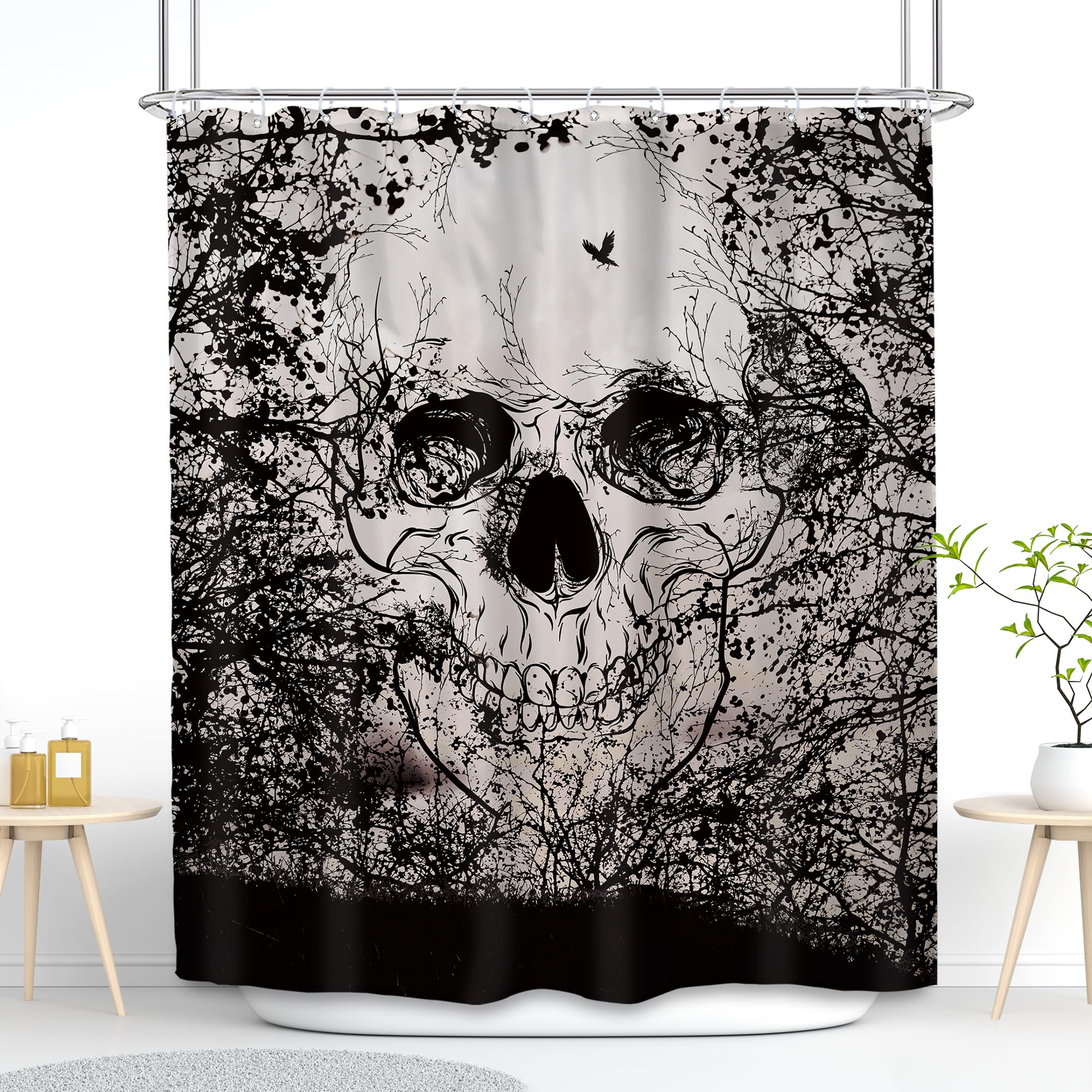 Svbright Skull Shower Curtain 60Wx72L Inch Spooky Shower Curtains Black Scary Tree Gothic Skeleton Bone Cool Horror Unique Sketc