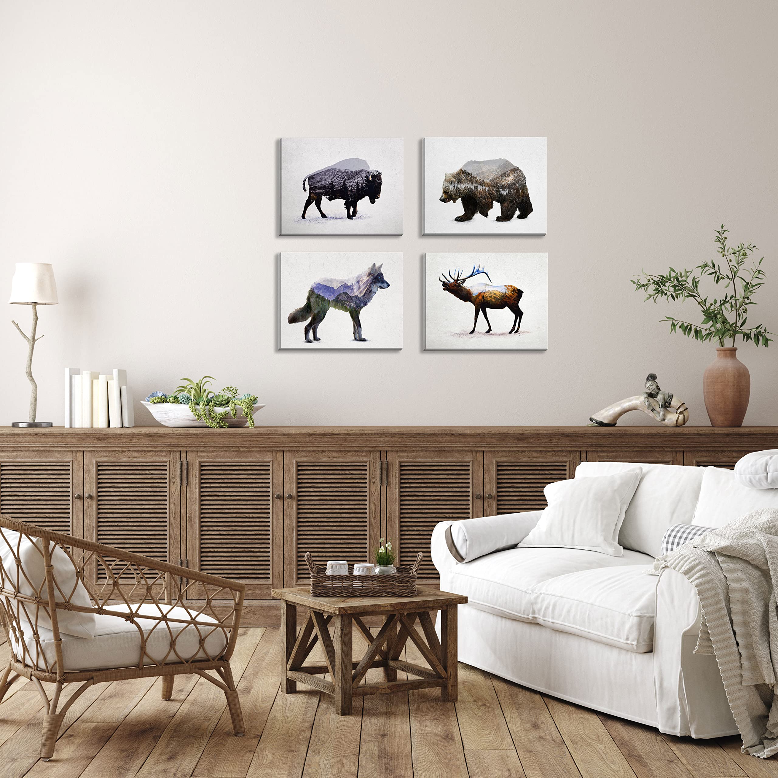 Rustic Elk, Bison, Wolf And Bear Landscape Set; Cabin Lodge Decor; Four 10X8In Hand-Stretched Canvases