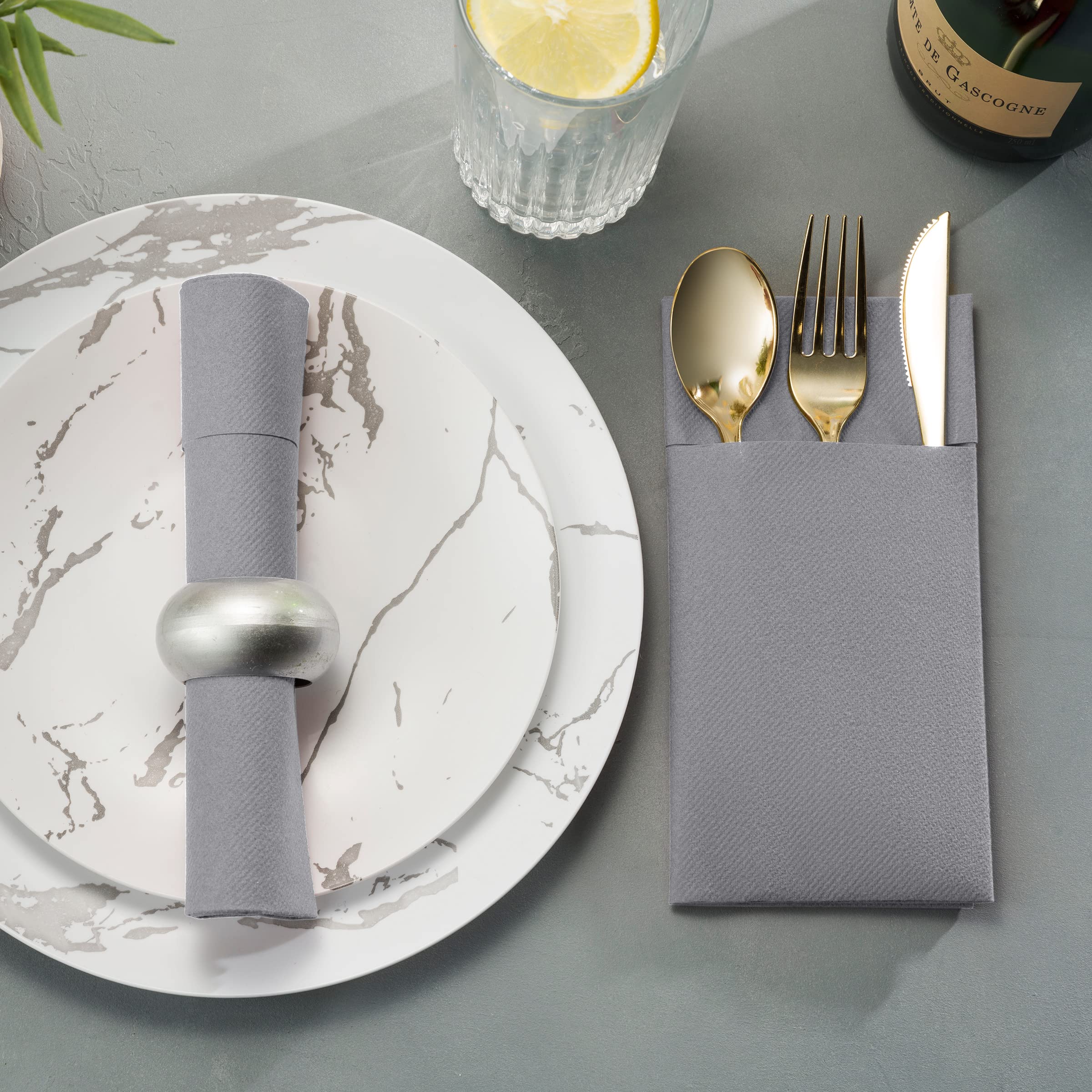 Disposable Linen-Feel Dinner Napkins with Built-in Flatware Pocket  50-Pack GRAY Prefolded Cloth Like Paper Napkins For Dinner  Wedding Or Party [Silverware NOT Included]