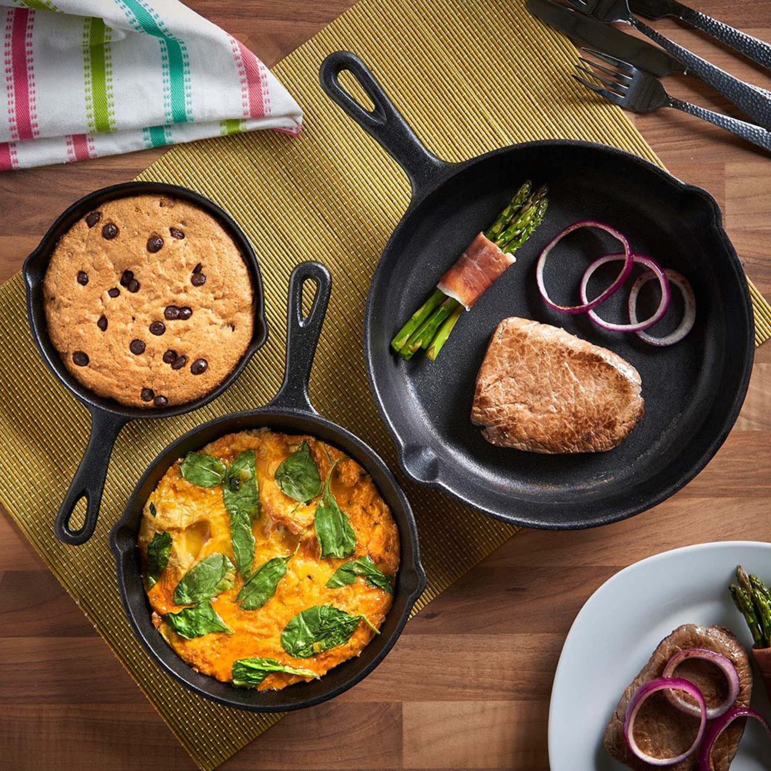 Jim Beam Set Of 3 Pre Seasoned Cast Iron Skillets With Even Distribution And Heat Retention-6'' 8'' 10'', Large, Black