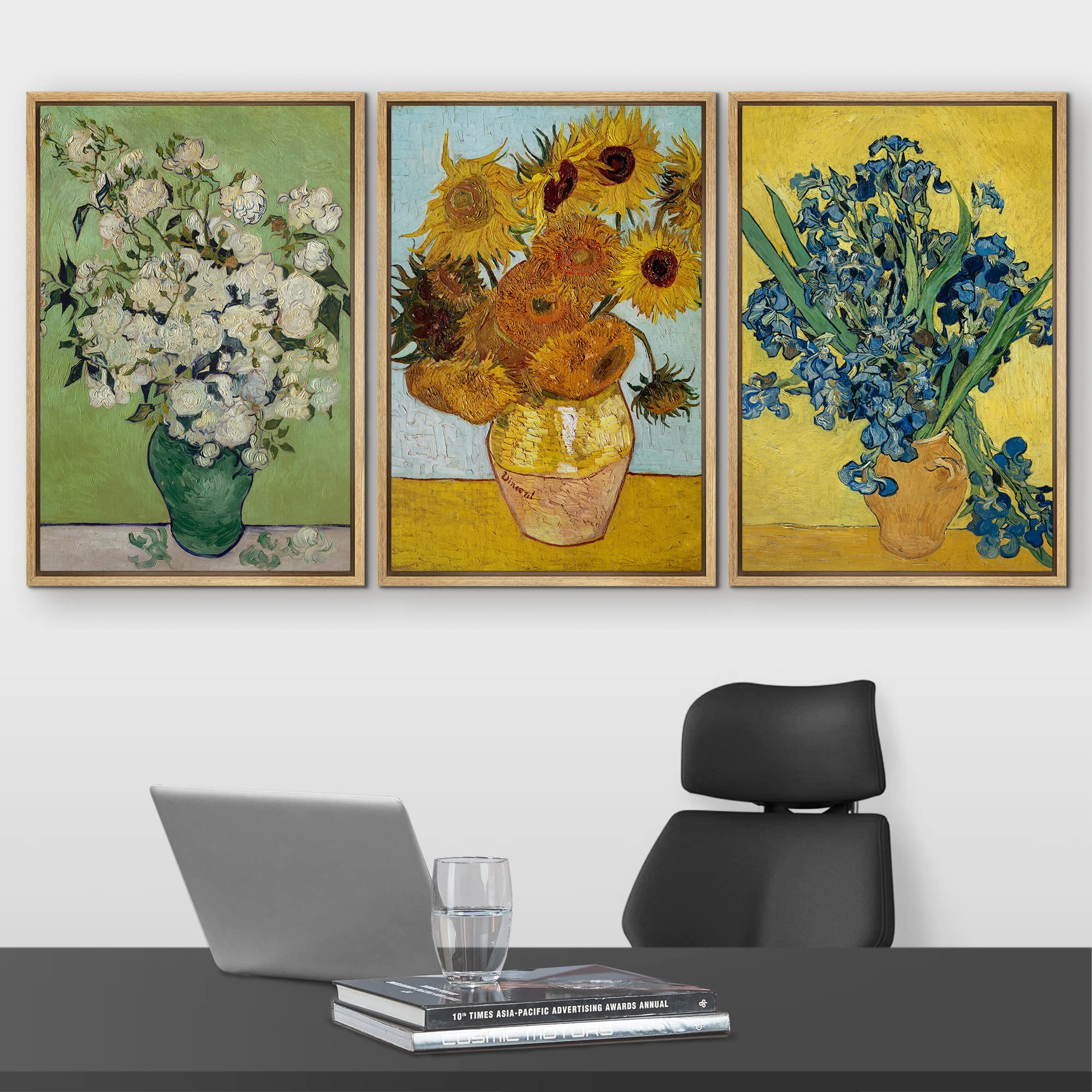 Wall26 Framed Canvas Print Wall Art Set Poppy, Sunflower, Iris Flower Trio Vincent Van Gogh Classical Illustrations Fine Art Dec