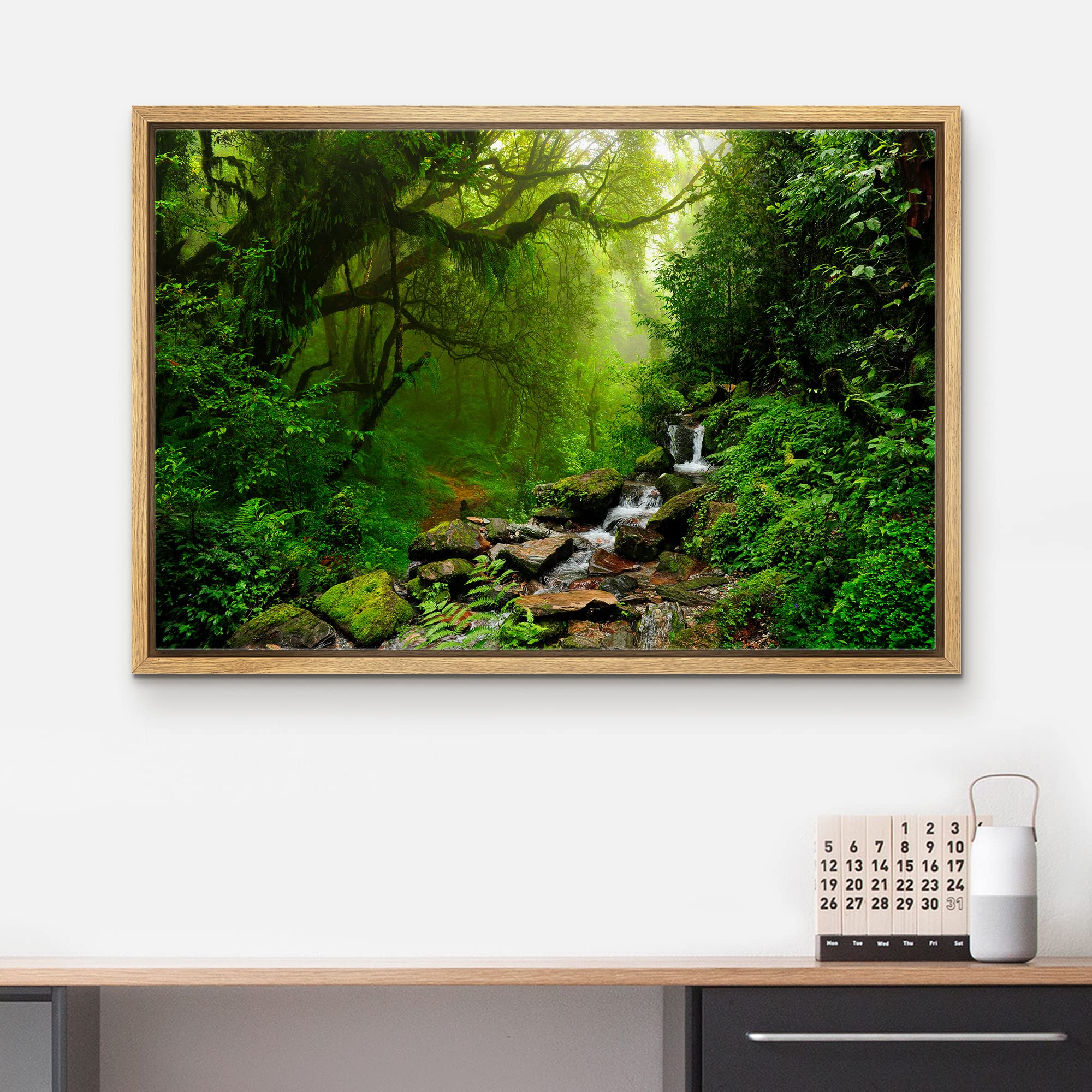 wall26 Framed Canvas Print Wall Art Nepal Green Forest & Waterfall Nature Wilderness Photography Modern Art Rustic Scenic Colorful for Living Room  Bedroom  Office - 16''x24'' Natural