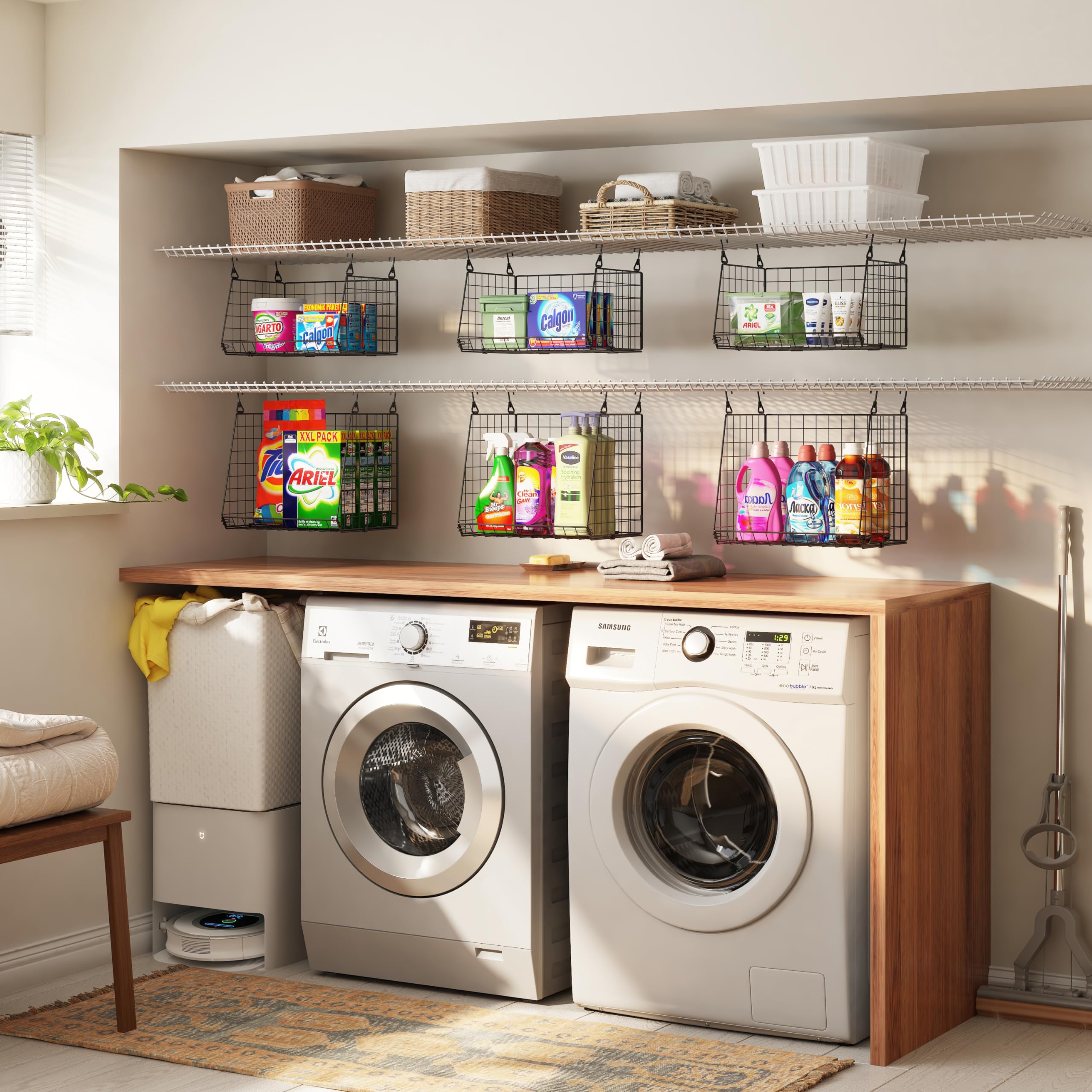 4-Tier Hanging Laundry Room Organizer:Foldable Laundry Room Organizaton Wire Shelf Basket With 360Rotating Hooks Space Saving Ov