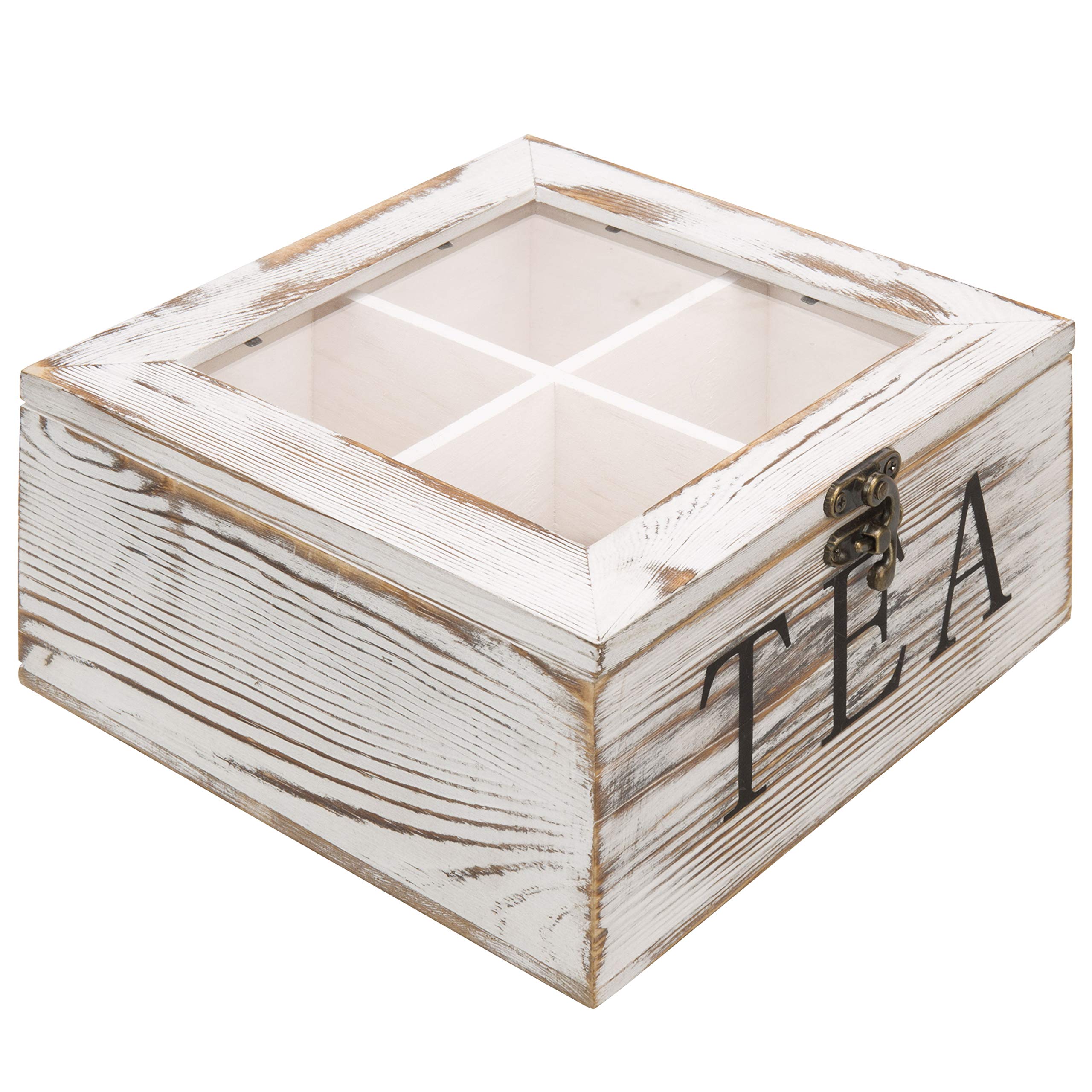 Mygift Shabby Whitewashed Solid Wood Tea Box Organizer With 4 Compartments, Teabag Storage Chest With Clear Acrylic Lid And Latc