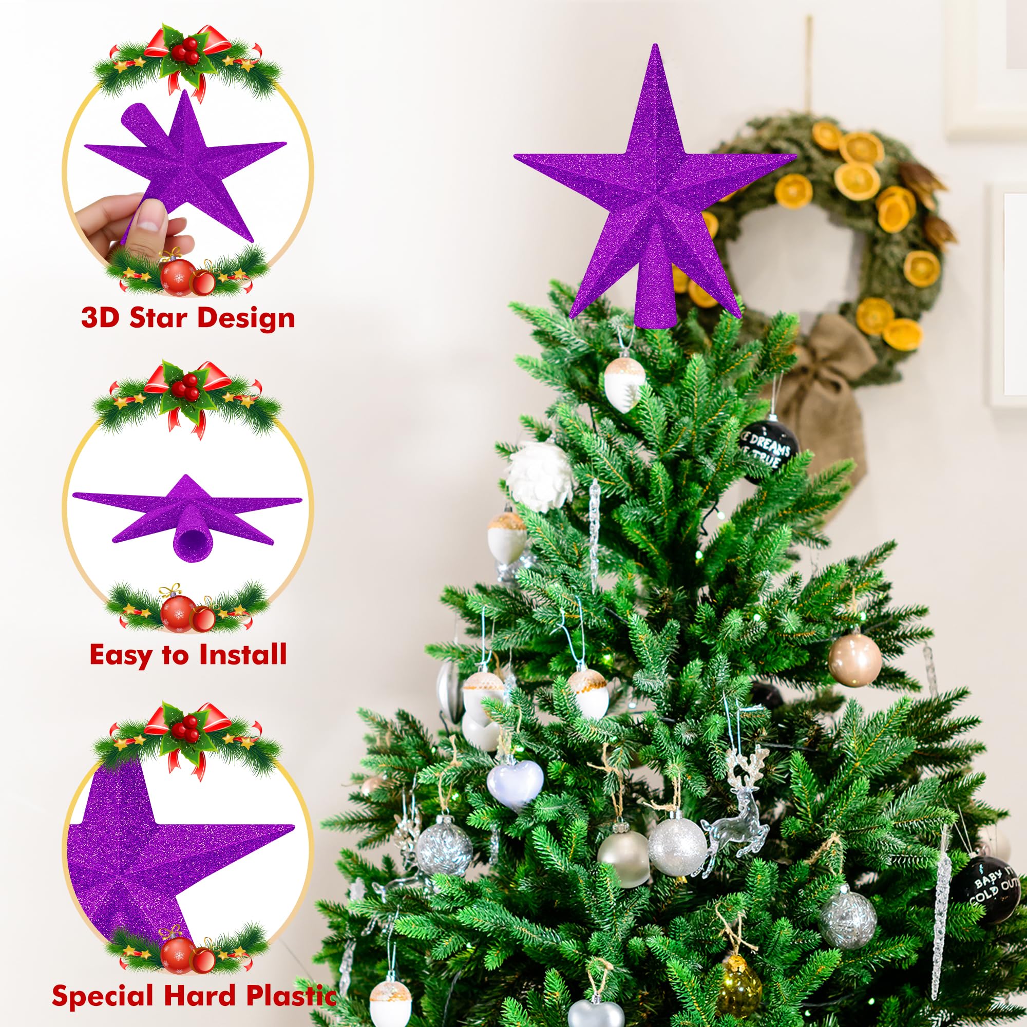 1PCS Christmas Tree Star Topper, Purple 4 Xmas Tree Topper Decorations, Glitter Shatterproof Mini Bethlehem Star Tree Decor, Wat