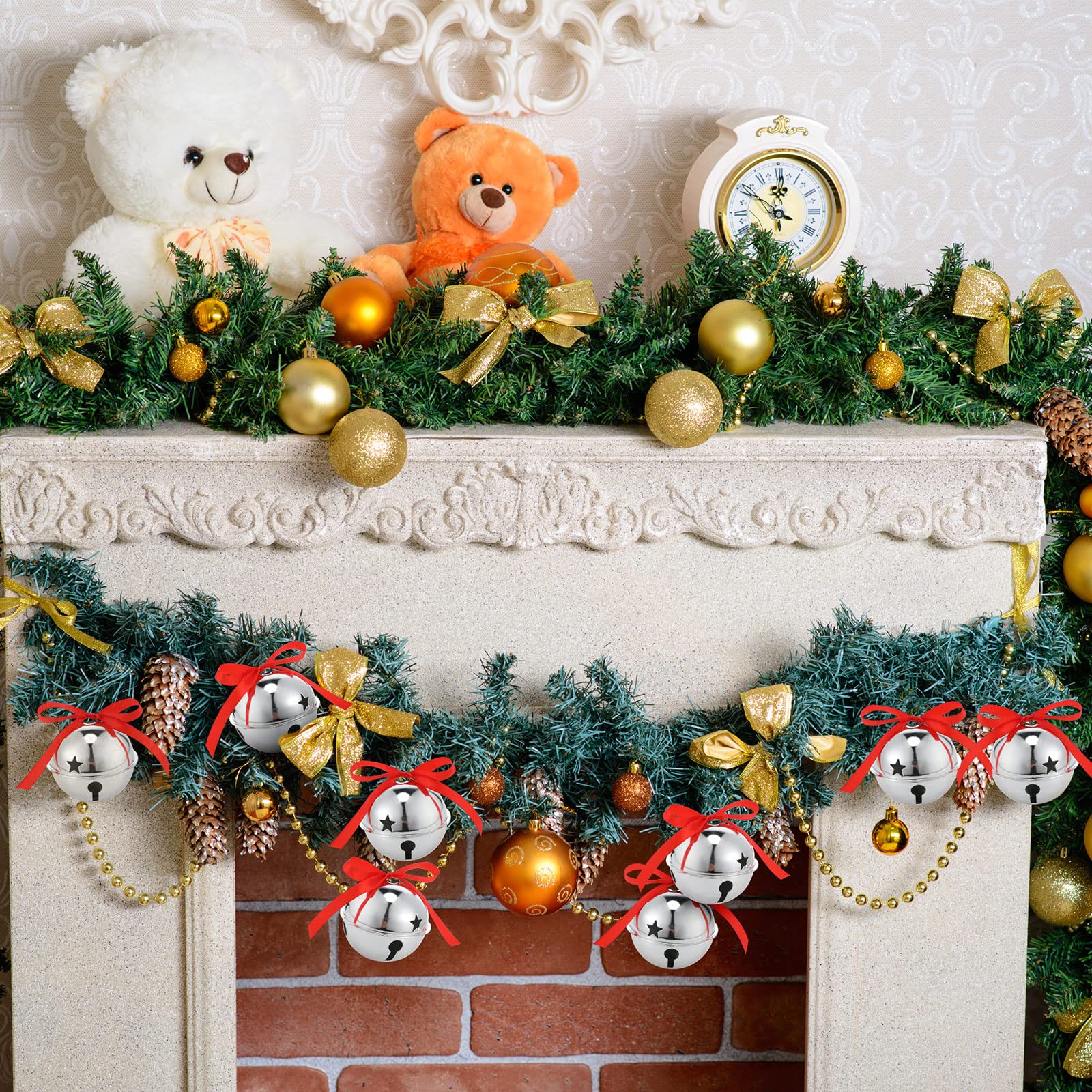 Roowest 12 Pieces Large Size Silver Christmas Star Bells Ornament 3.15 Inch Sleigh Jumbo Bells Christmas Tree Ornament with Ribb