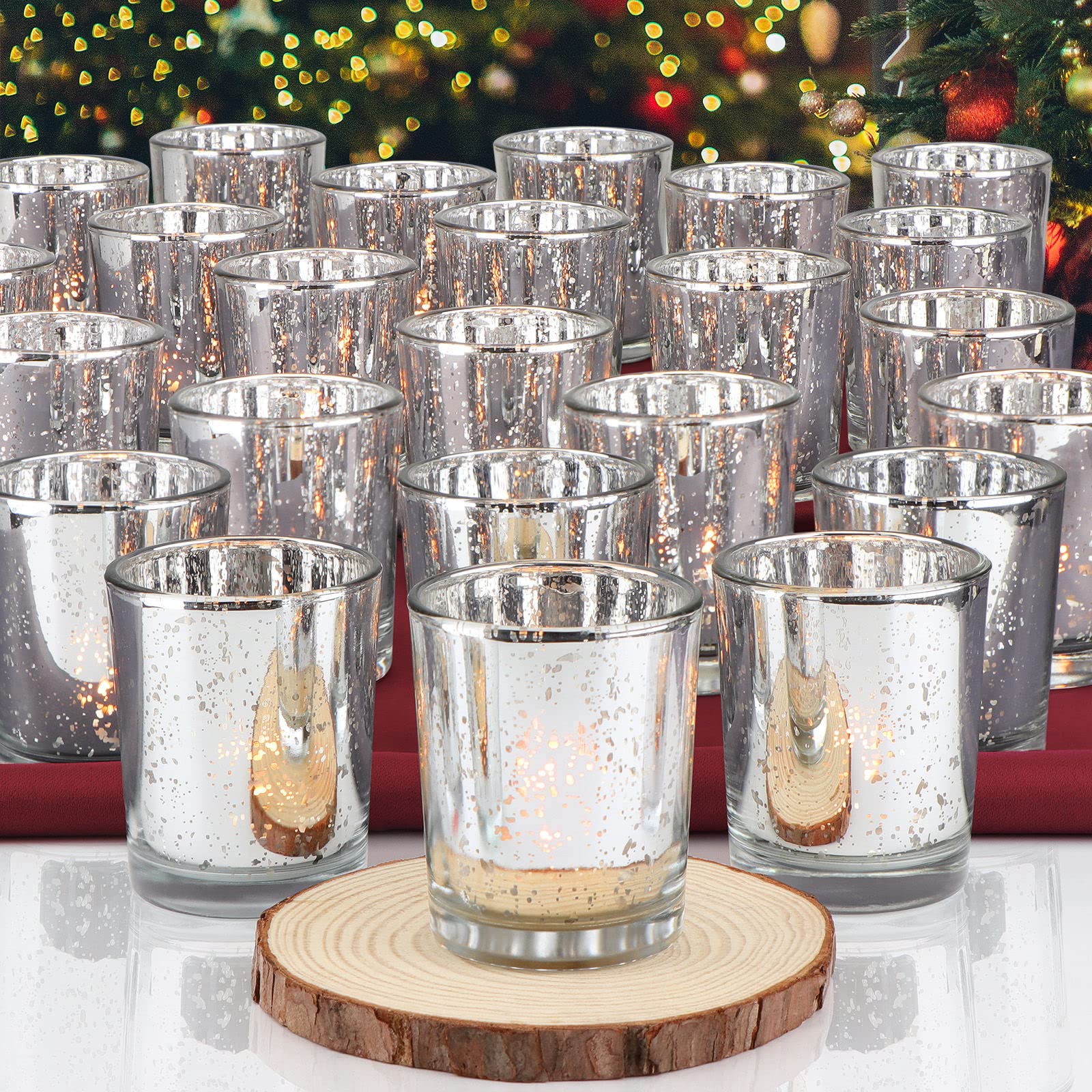 DEVI Silver Votive Candle Holders 24pcs, Tealight Candle Holders for Table Centerpieces, Mercury Glass Candle Holder for Wedding