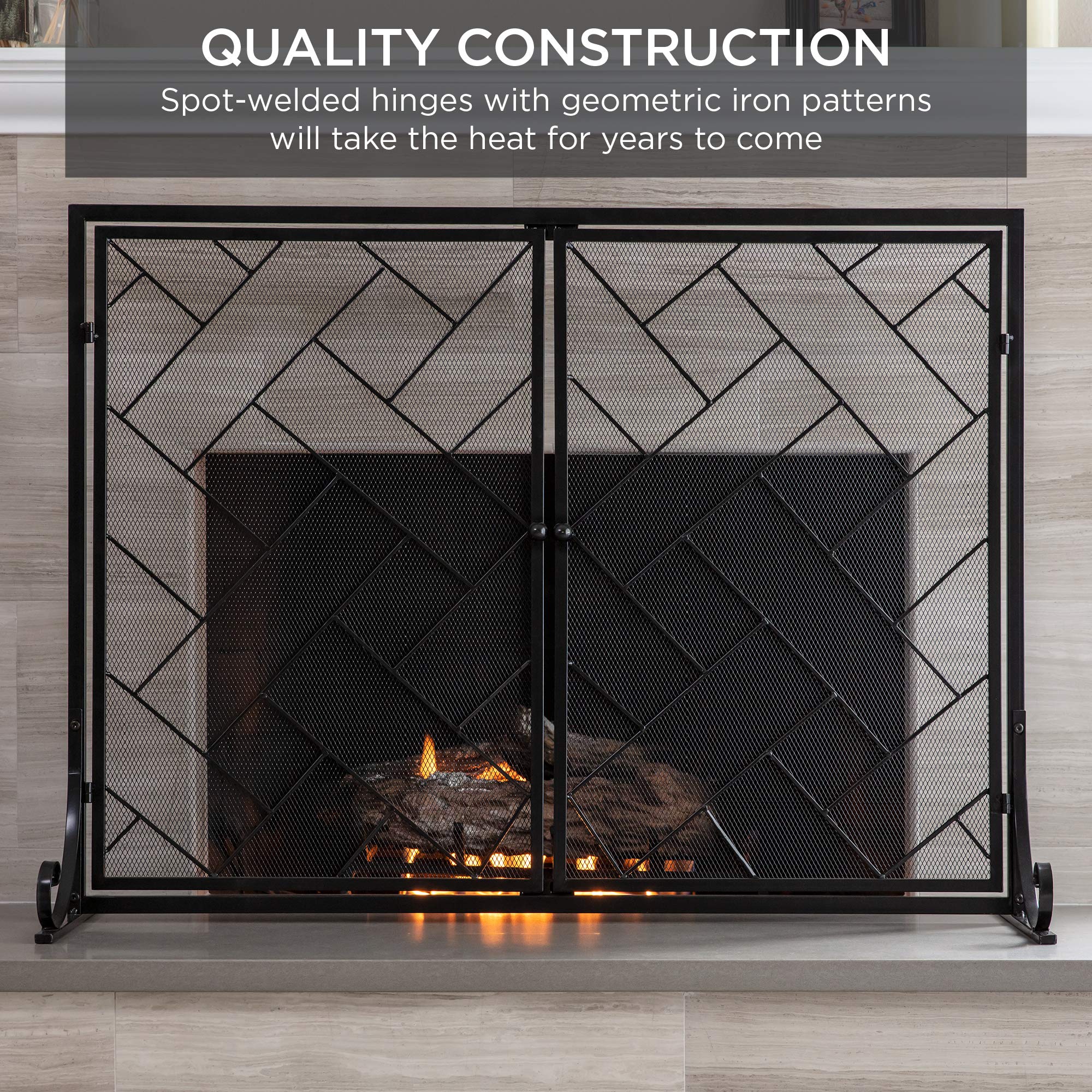 Best Choice Products 44x33in 2-Panel Handcrafted Wrought Iron Decorative Mesh Geometric Fireplace Screen  Fire Spark Guard w/Magnetic Doors - Black