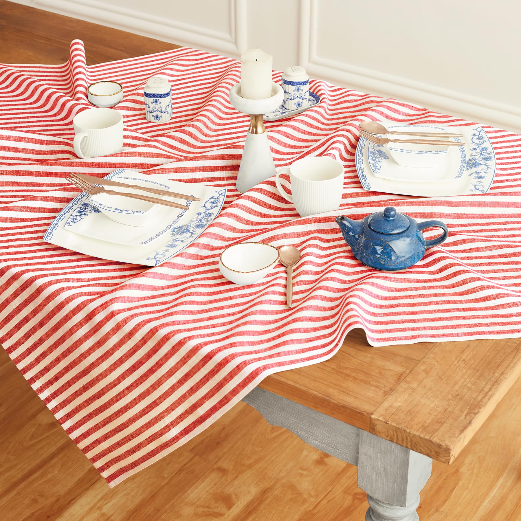 Solino Home Stripe Linen Tablecloth - 100% Pure Linen Red And White Table Throw 52 X 52 Inch For Spring - Handcrafted And Machin