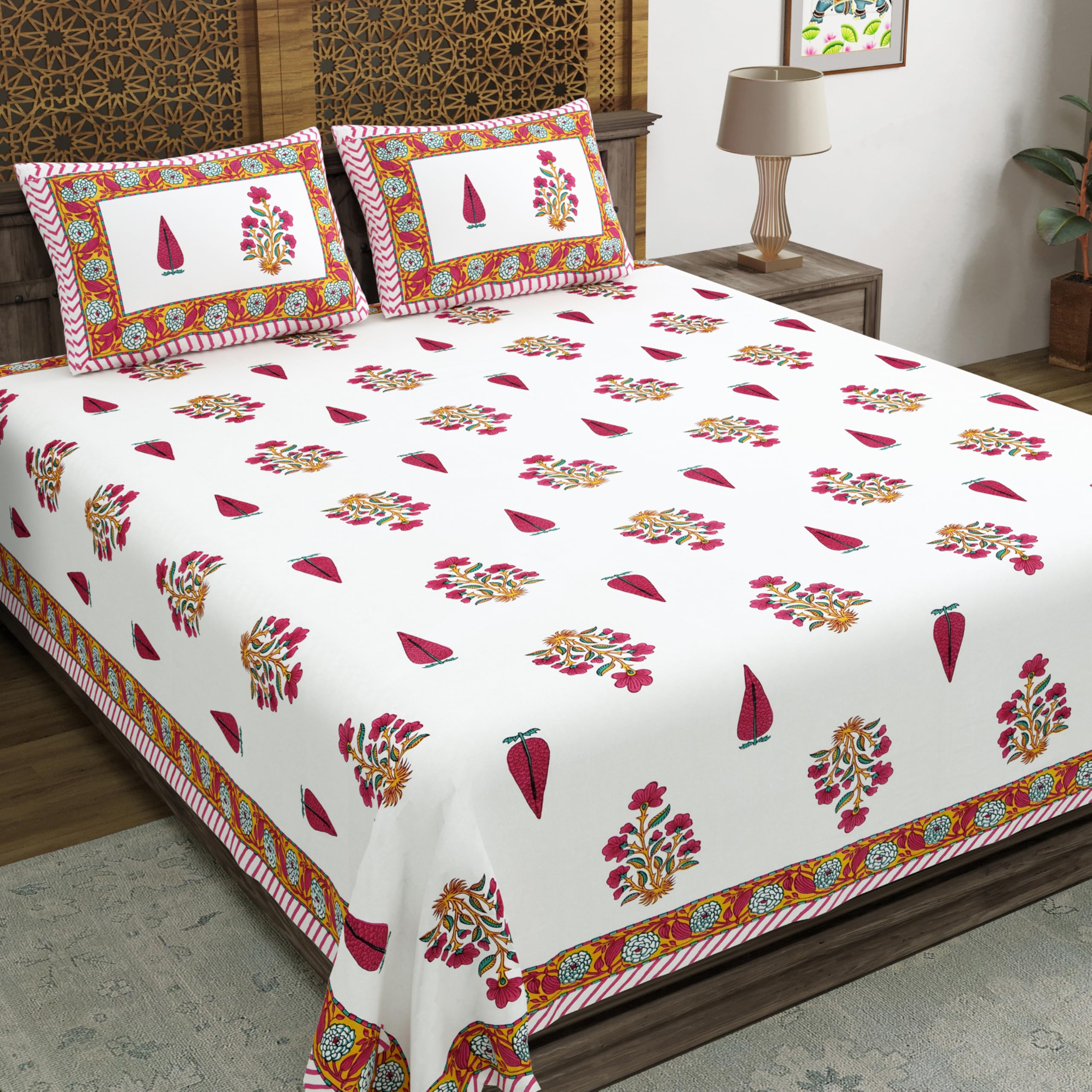 Blocks Of India Hand Block Printed 200 Tc Cotton King Size Bedsheet | Pink Rose