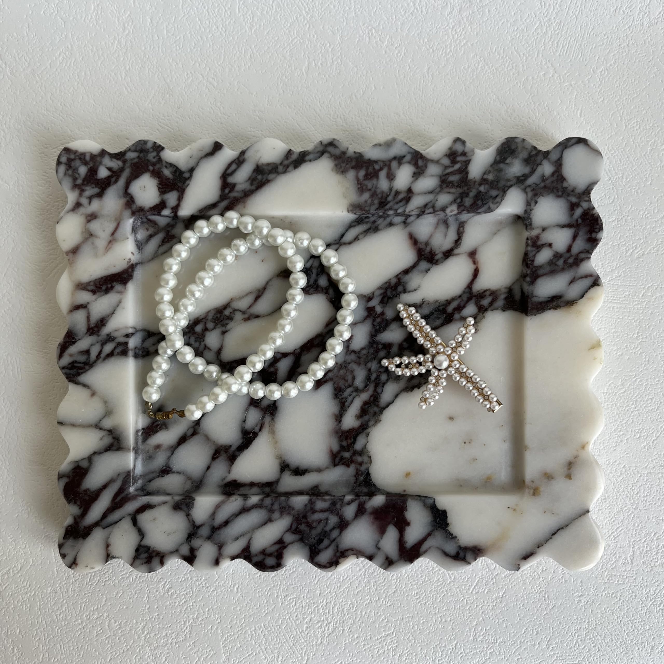 SAIDKOCC Natural Travertine Scalloped Edge Marble Tray, Handmade Decorative Nightstand and Desk Rectangle Tray (Beige Travertine