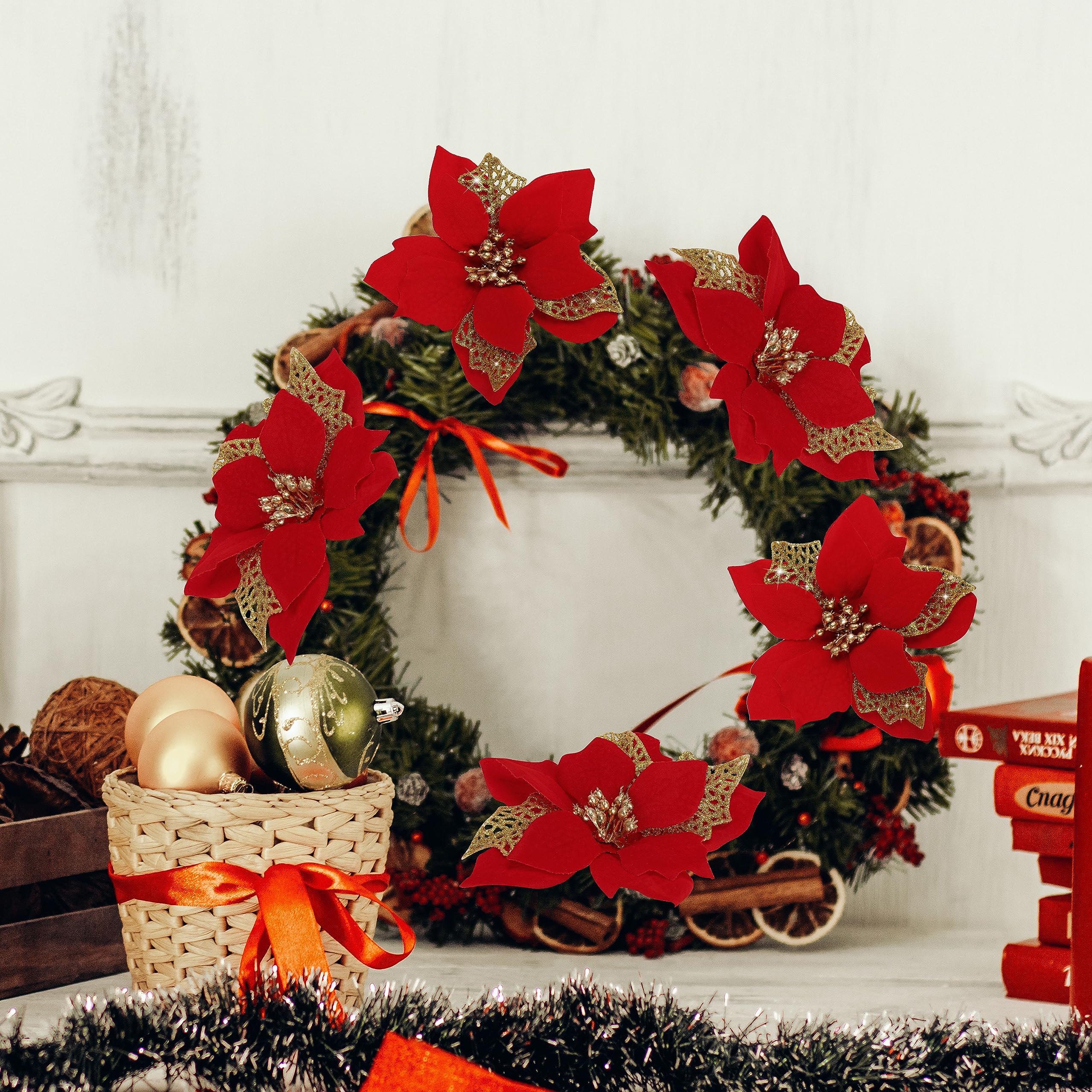 12 PCS Poinsettia Flower Artificial Poinsettia Christmas Decoration 5.9 Red Glitter Poinsettias Christmas Ornaments Christmas