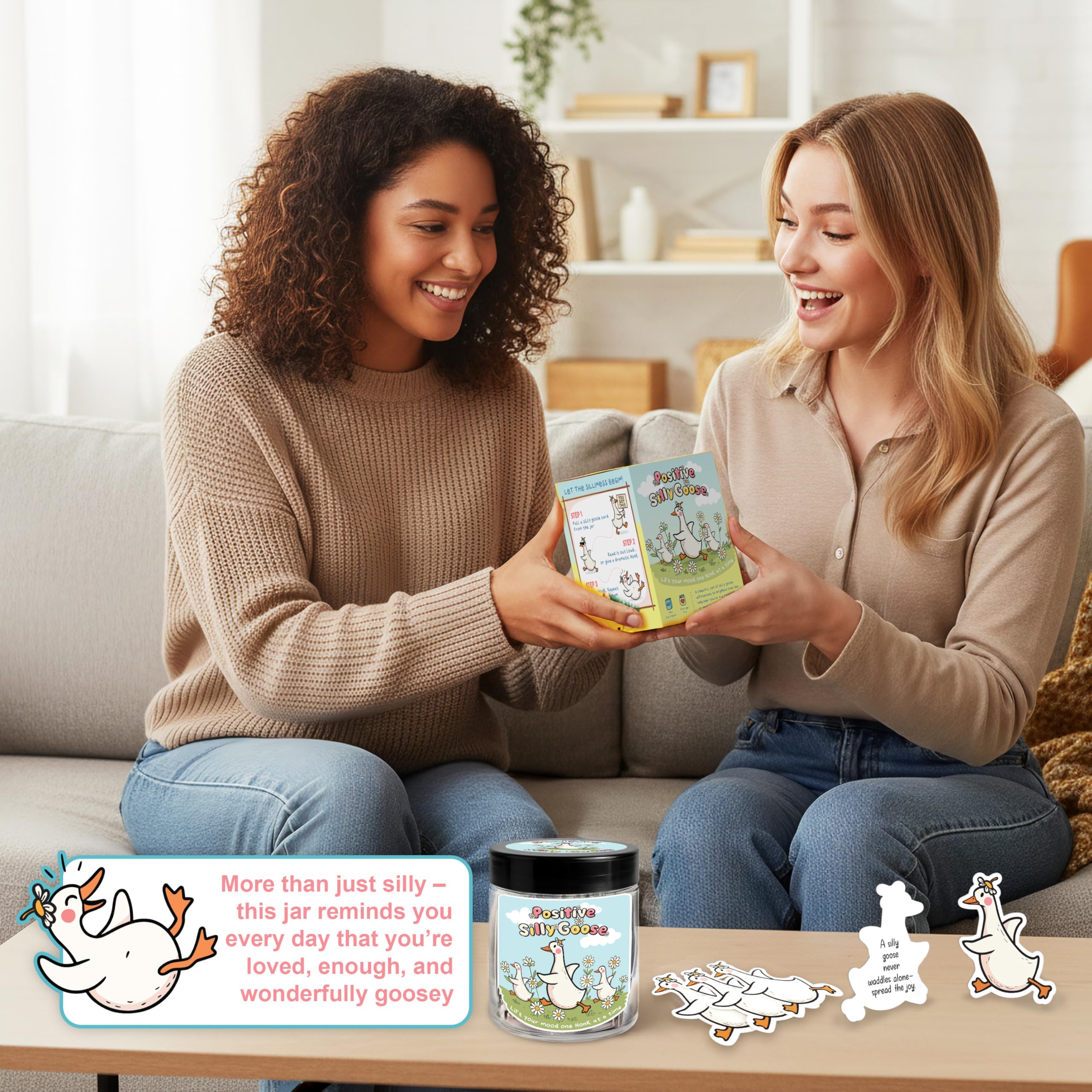 Positive Goose Jar with 60 Affirmation Cards, Emotional Support Goose, Silly Goose Gifts For Women, Mini Desk Goose, Stocking St