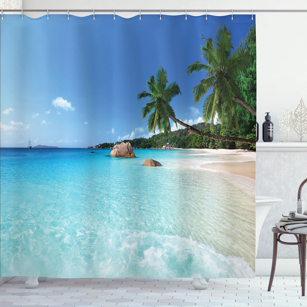 Ambesonne Ocean Shower Curtain, Anse Lazio Beach At Praslin Island Surfing Beach Scenic View Travel, Cloth Fabric Bathroom Decor