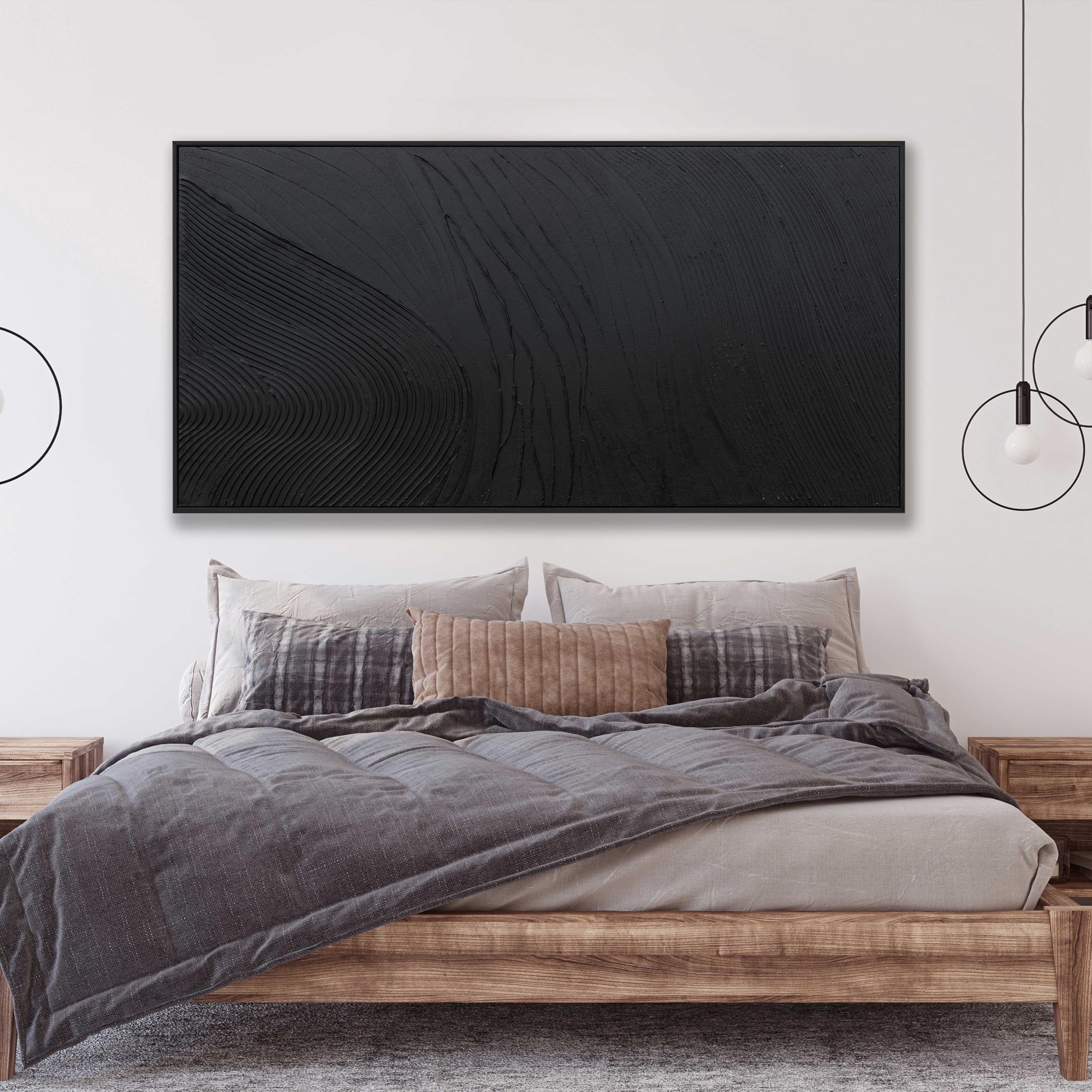 TQJ YILUFA ART Large Abstract Canvas Wall Art, Black, 58"x29", Framed Hand Painted Texture Decor for Living Room, Bedroom, Office