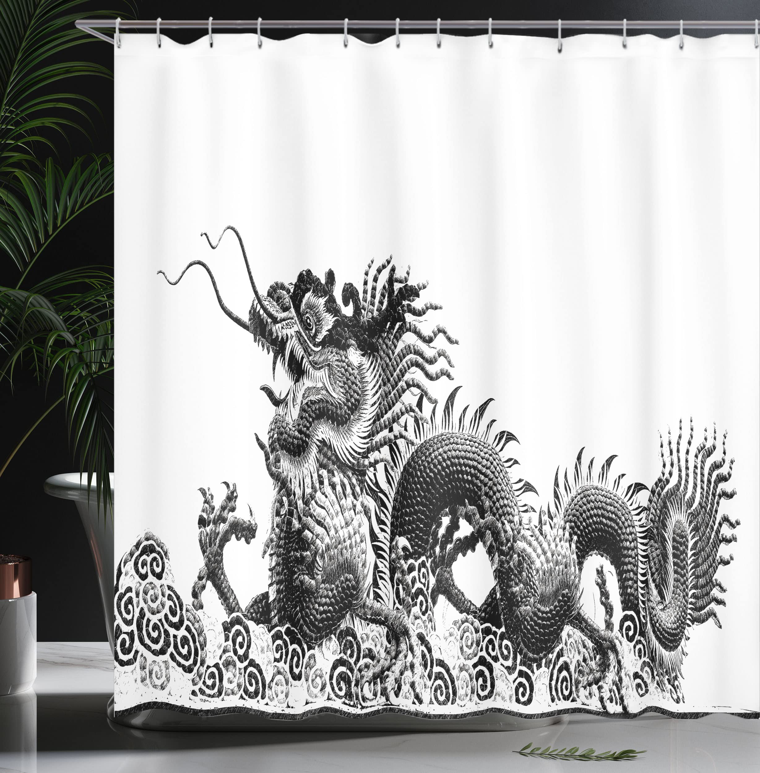 Ambesonne Dragon Shower Curtain, Traditional Chinese Dragon Symbolize Strength And Luck Powers Fantasy Graphic, Cloth Fabric Bat