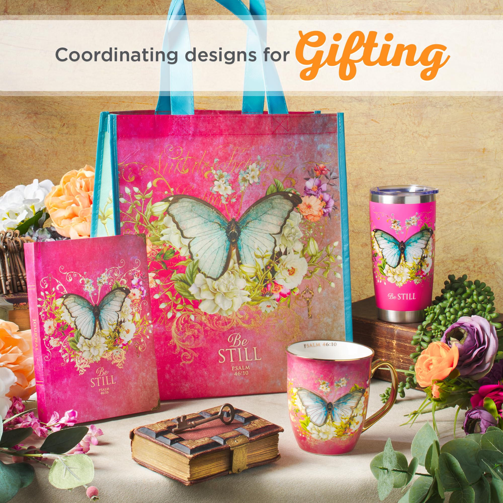 Christian Art Gifts Stainless Steel Double Wall Vacuum Insulated Travel Mug 18 Oz Butterfly Pink Bpa-Free Tumbler With Retractab