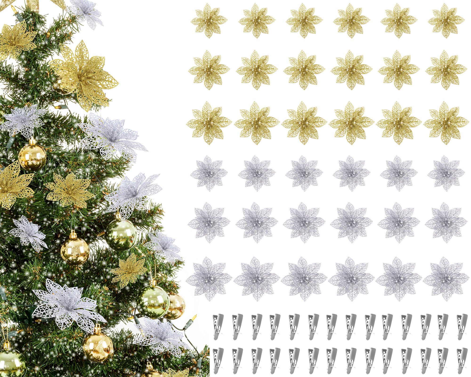 Boao 24 Pieces Christmas Poinsettia Tree Ornament Artificial Flowers Christmas Decoration Glitter Ornament, 3/4/6 Inches(Gold,Si