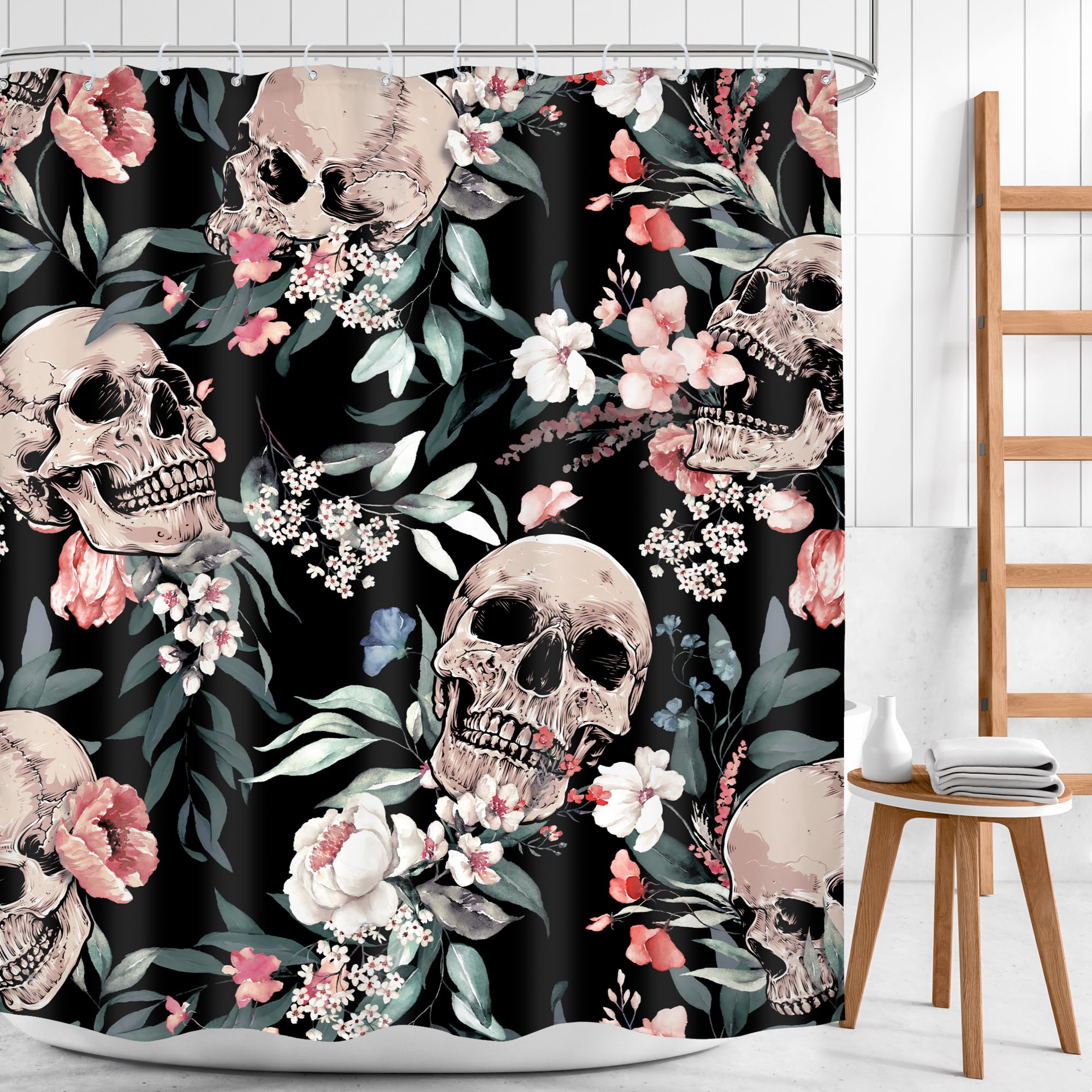 Mitpok Gothic Sugar Skull Shower Curtain 60Wx72H Skeleton Goth Retro Spooky Pink Flower Floral Halloween Plant Leaves Botanical