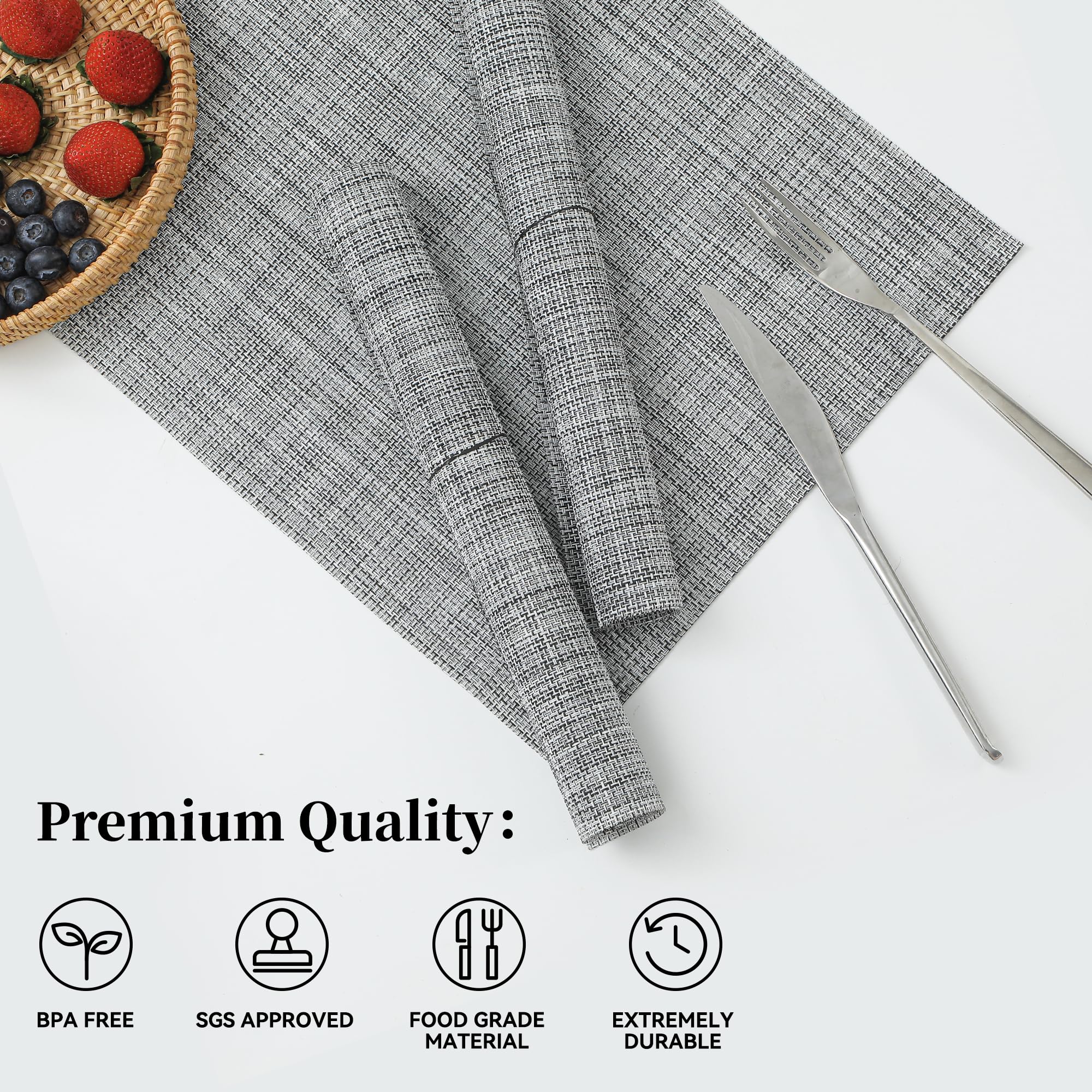 Leetaltree Linen Grey Placemats Set Of 8 - Heat Resistant Non-Slip Place Mats For Dining Table, Washable Durable Pvc Vinyl Woven