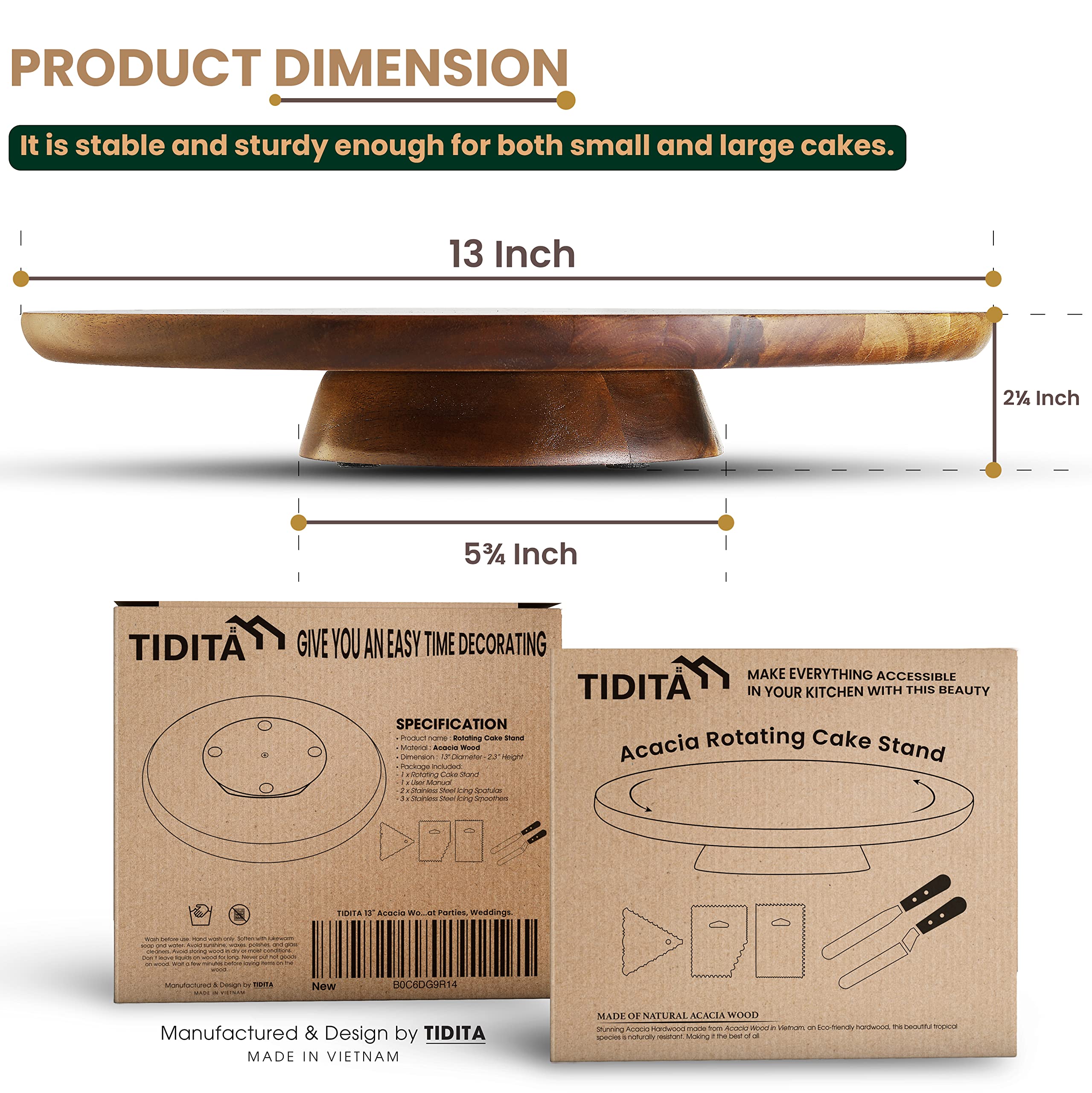 Tidita 13'' Acacia Cake Stand Rotating - Rustic Cake Stand Set Turntable With 2 Icing Spatulas, 3 Smoothers - Wooden Revolving S