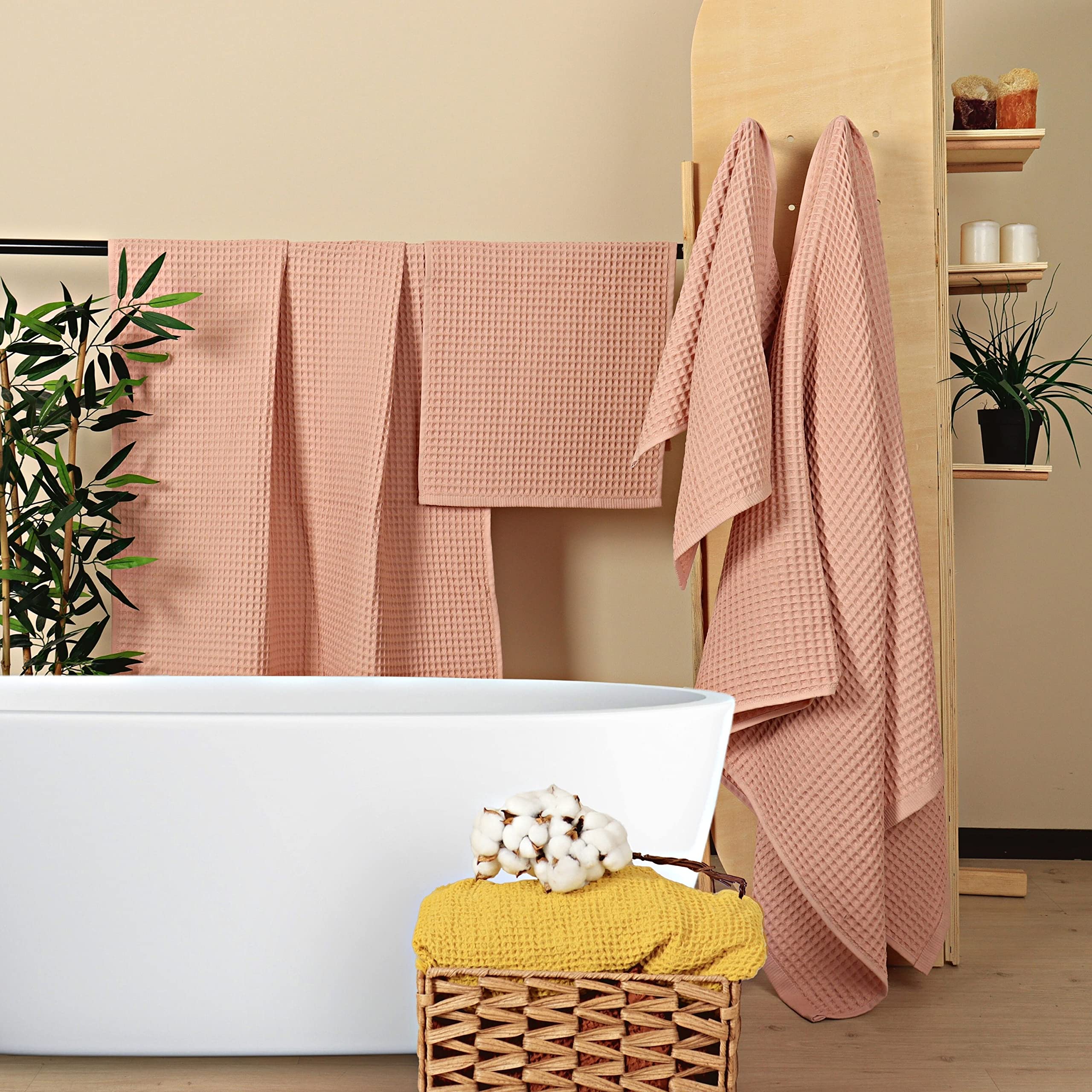 Pskl - 4 Pieces Waffle Towel Sets For Bathroom, Premium Organic Turkish Cotton 2 Hand Towels 2 Bath Towels Set (Pink)
