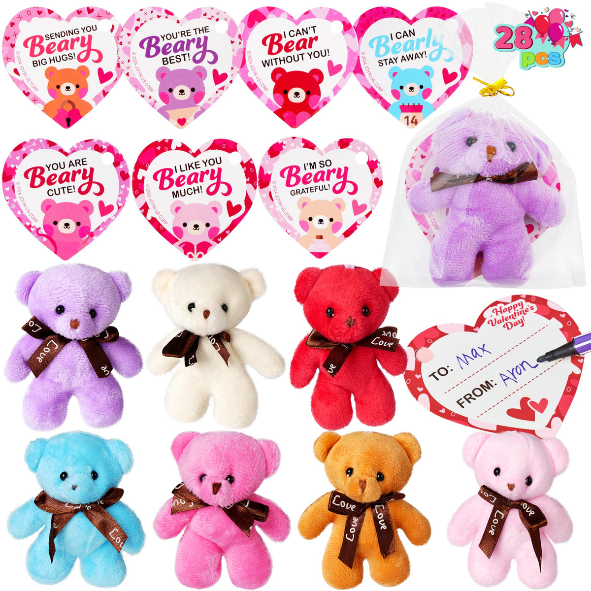 Joyin 28 Pack Valentine'S Day Gifts For Kids, Valentine Day Mini Plush Animals Toys With Heart Cards For Boys Girls Party Favor,