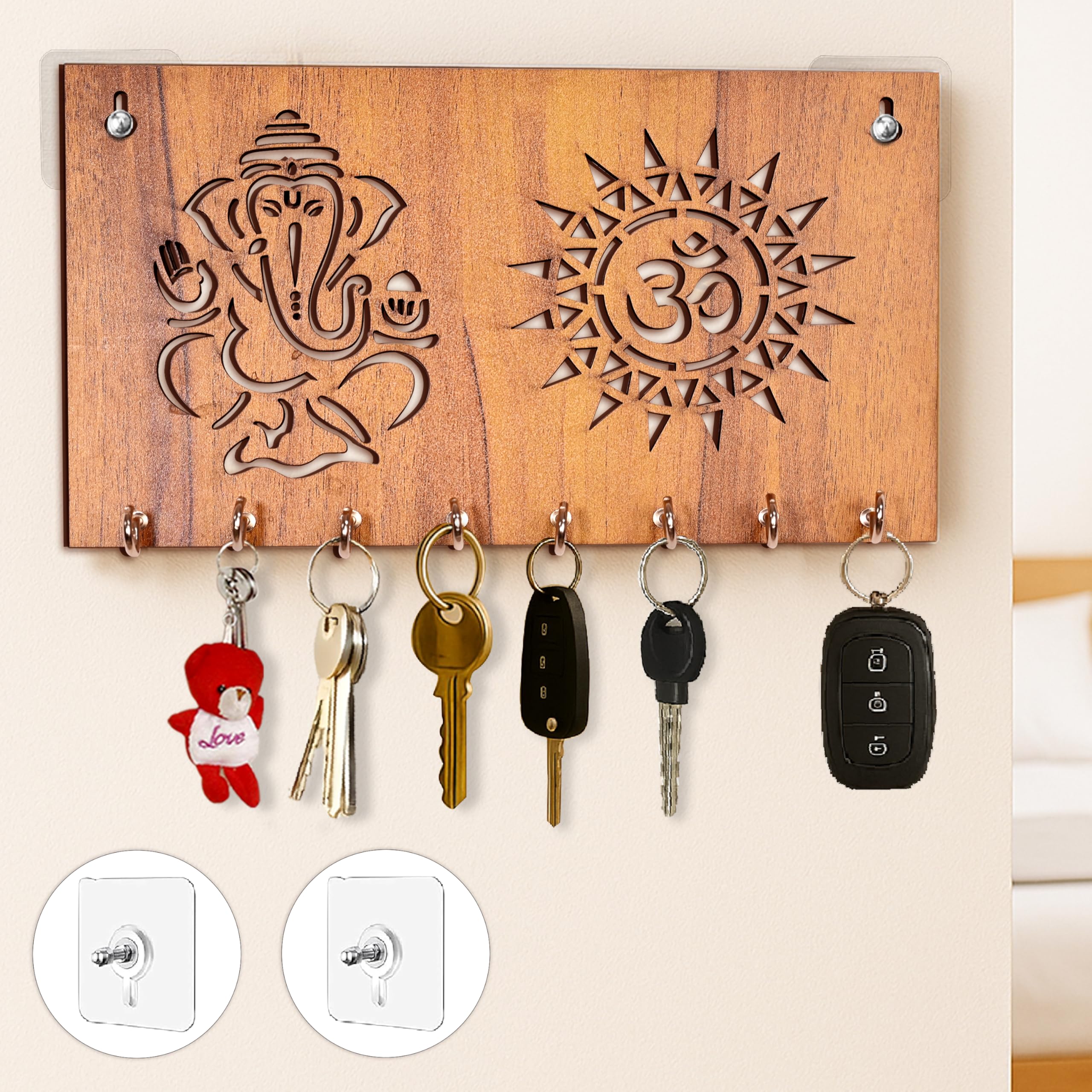 Rousrie Wooden Key Holder for Wall Without Drill, Decorative Home Key Stand, Stylish Wall Mount Key Hanger, 8 Hooks