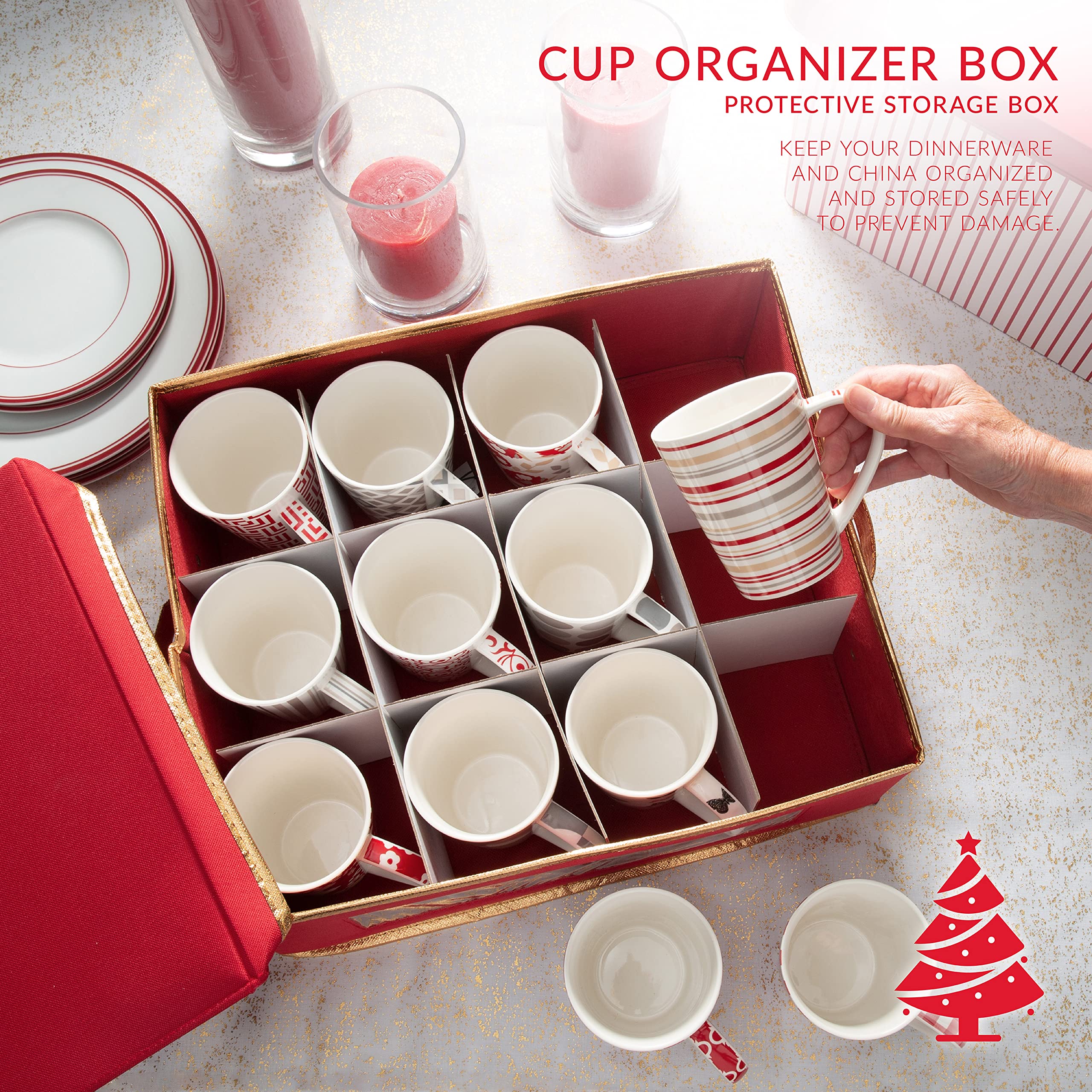 Simplify Holiday 12 Count Mug And Cup Storage Box | Christmas China | Cardboard Inserts | 4 X 4 Inch Compartments | Tableware Se