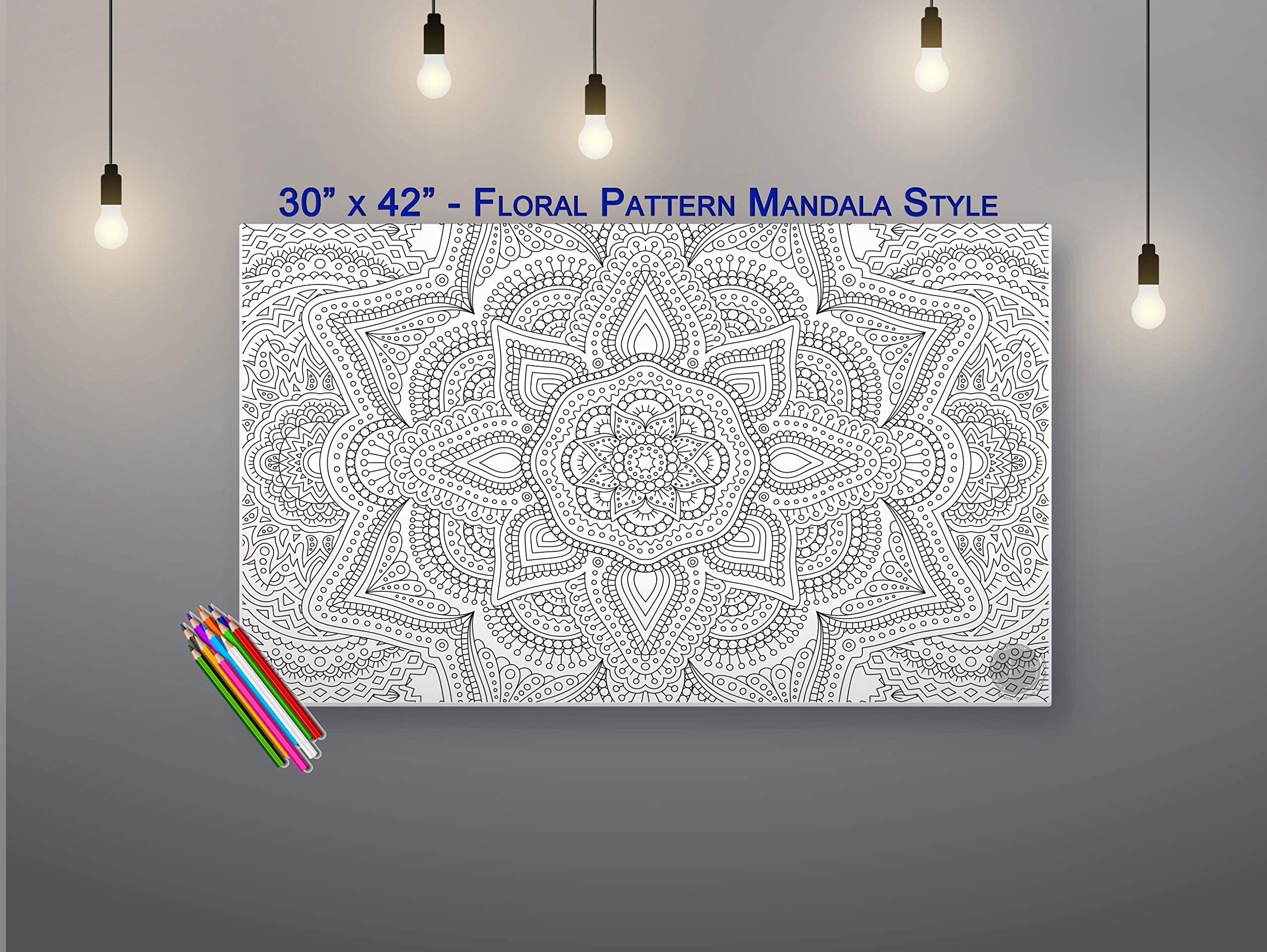SJPRINTER Giant Coloring Poster - Floral Mandala, 30"x42" - Ideal for Kids, Adults, Care Facilities & Family Activities