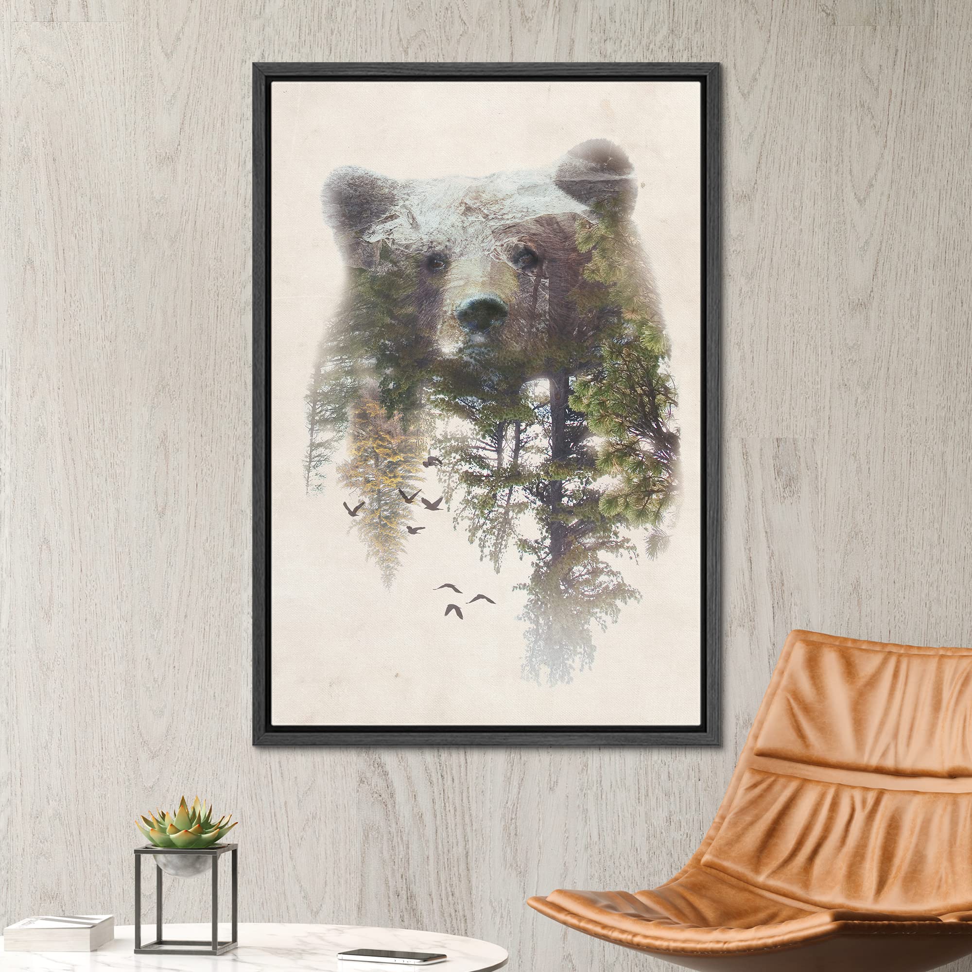 Signwin Framed Canvas Wall Art Bear And Spring Forest Double Exposure Photography Animals Wildlife Digital Art Modern Art Rustic