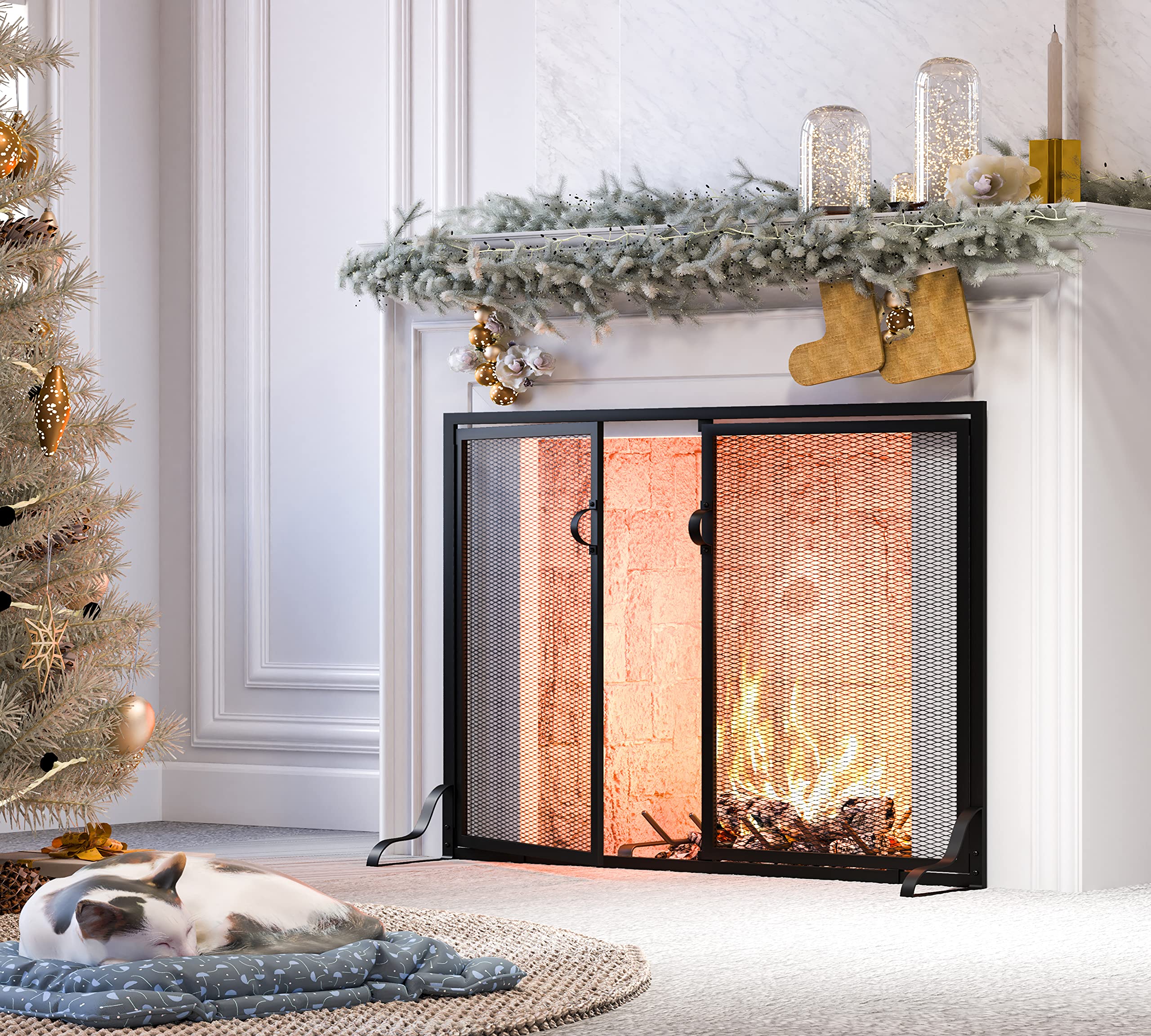 Kingson 37.8X30.7 In Flat Fireplace Screen With Doors, 2-Pannel Handcrafted Solid Wrought Iron Decorative Mesh Classic Fireplace