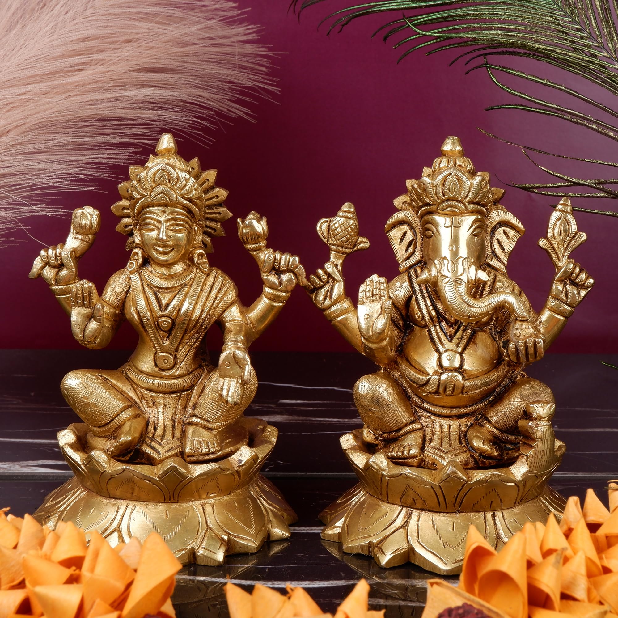 Shoppingrox Lakshmi Ganesh Set 14 Cm Religious Idol & Figurine Brass Metal Yellow Colour