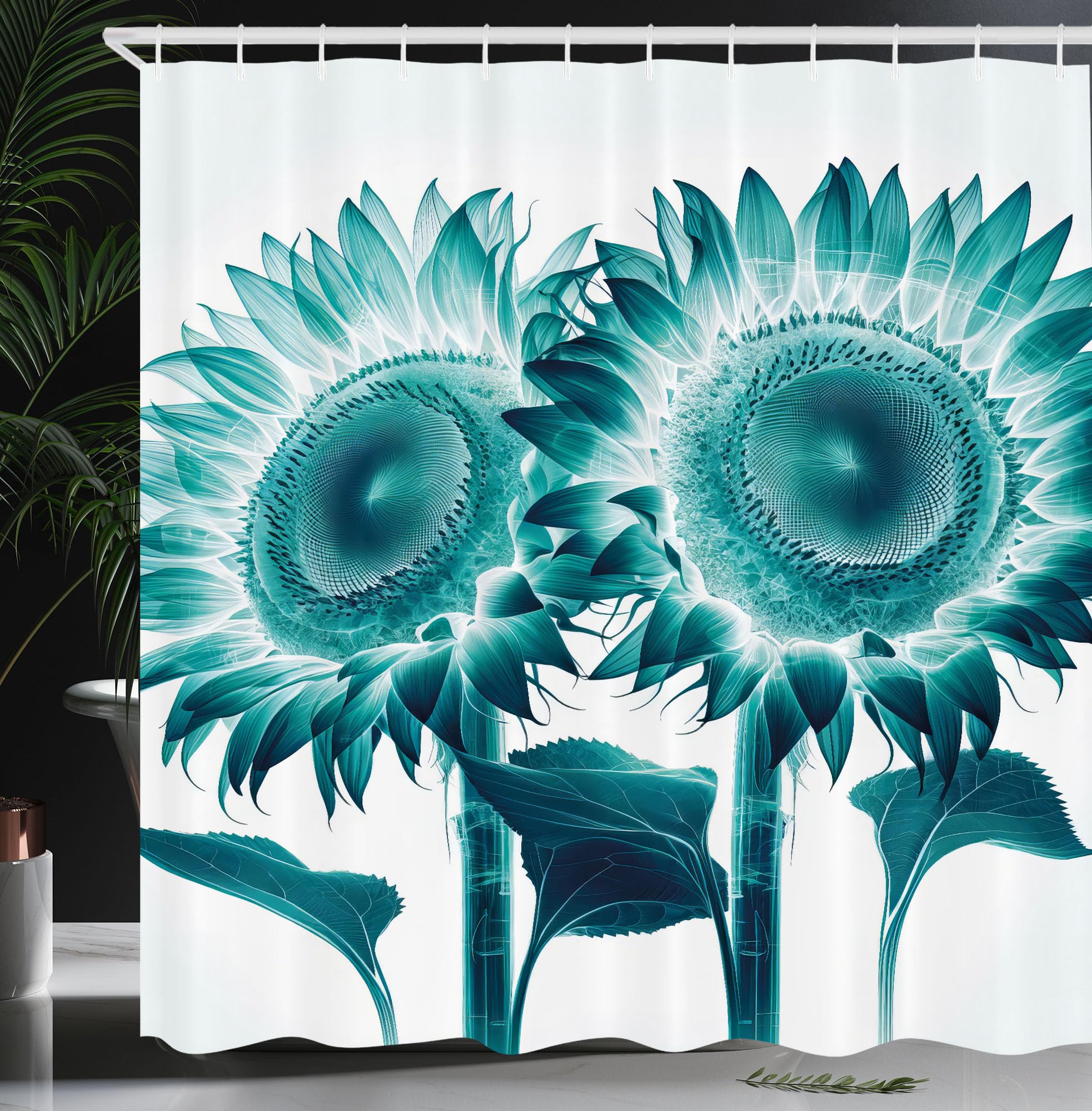 Ambesonne Teal Shower Curtain, Futurist Sunflowers Illustration With Dreamy Cyberworld Colors Fantasy, Cloth Fabric Bathroom Dec