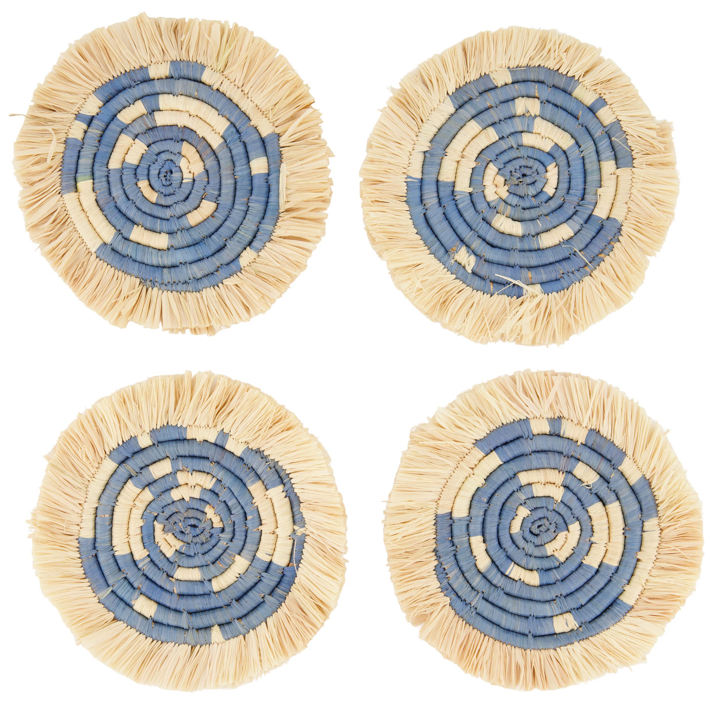 Kazi Coasters For Hot & Cold Drinks - Artisan-Made W/Raffia, Eco-Friendly, Housewarming Gift (Set Of 4, Blue)