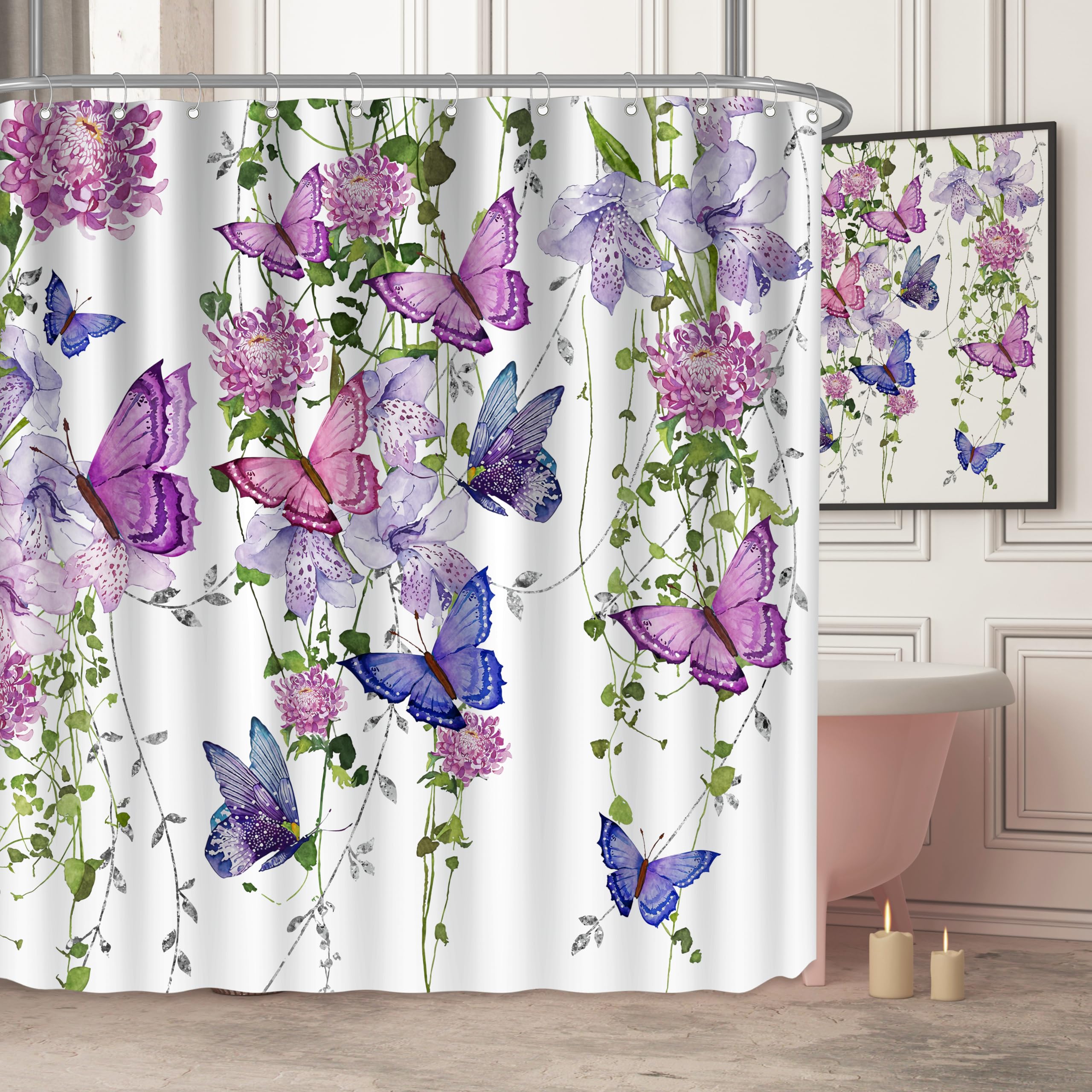 Chiinvent Purple Shower Curtain Butterfly Shower Curtains For Bathroom, Spring Shower Curtain Lavender Lilac Pink Floral Shower