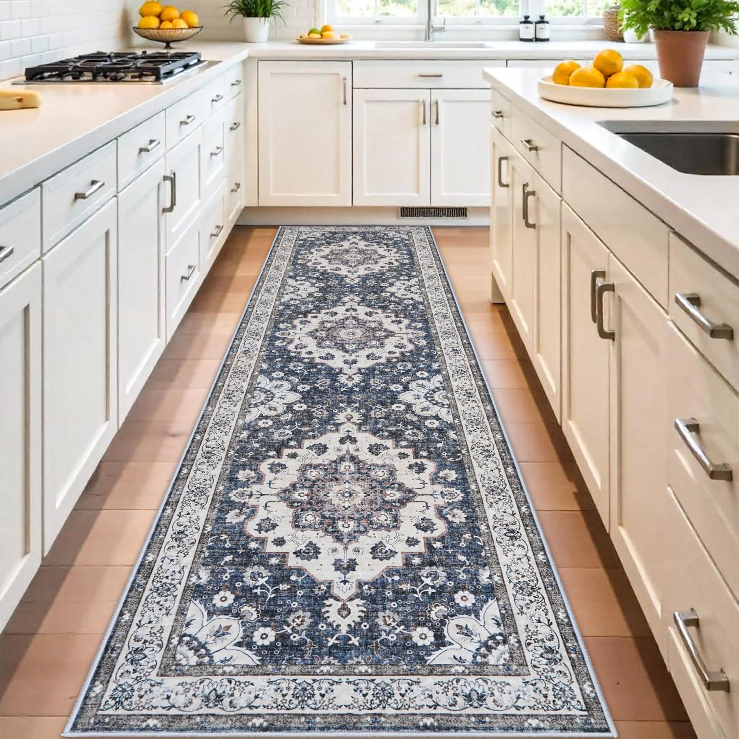 3x8 Washable Hallway Runner Rug: Water Resistant Kitchen Carpet with Non-Slip Backing Indoor Oriental Low Pile Rugs for Bedroom 