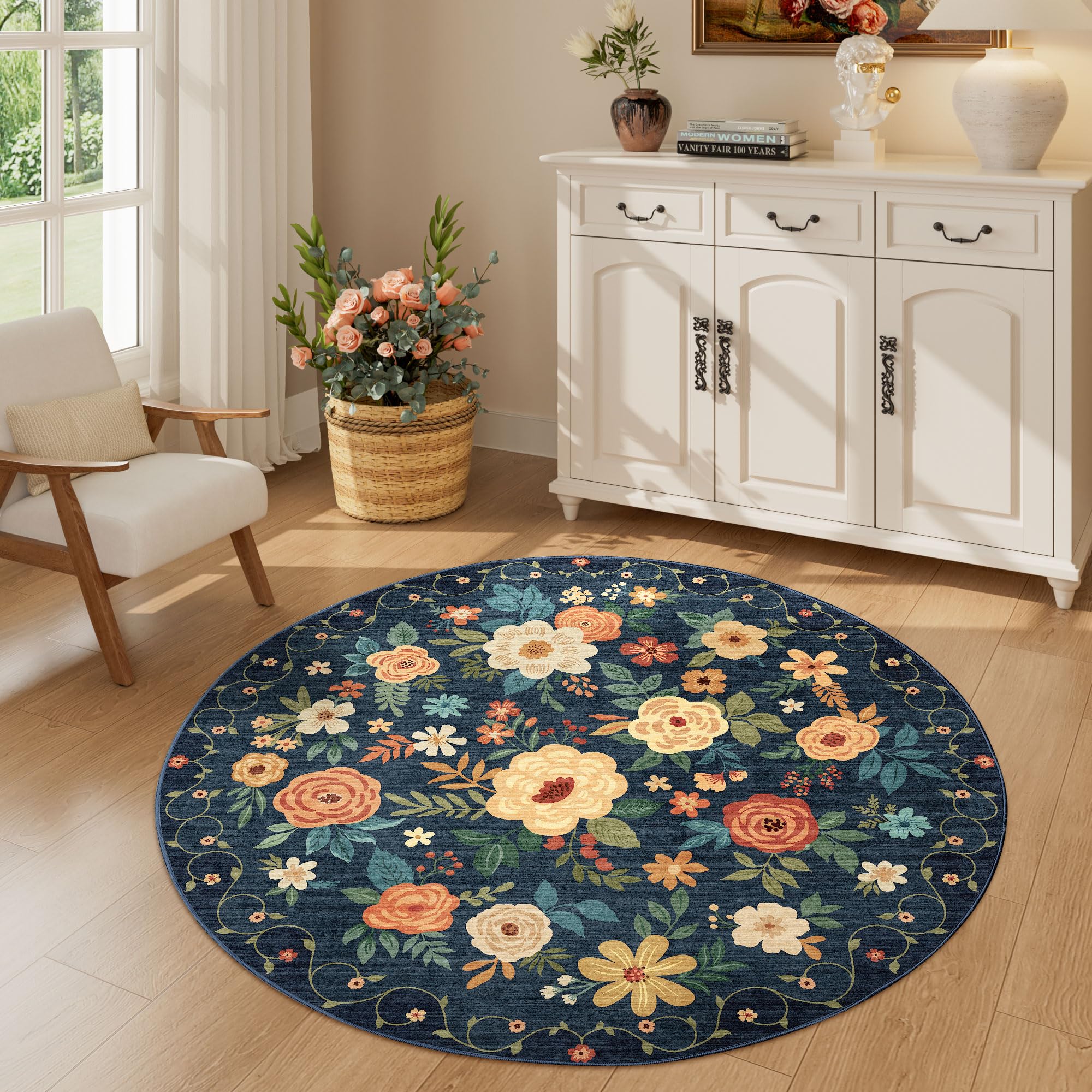DUKINO Floral Round Rug, 4ft Washable Circle Rug, Non Slip Indoor Low Pile Circle Rug, Soft Small Boho Design Carpet for Bedroom