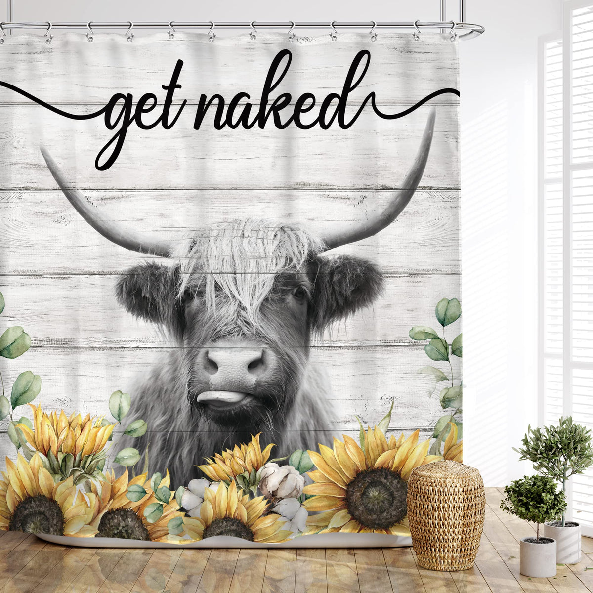 Glawry Rustic Sunflower Highland Cow Shower Curtain Get Naked Farmhouse Bull Bathroom Curtains Set Funny Animal Cattle Wood Barn