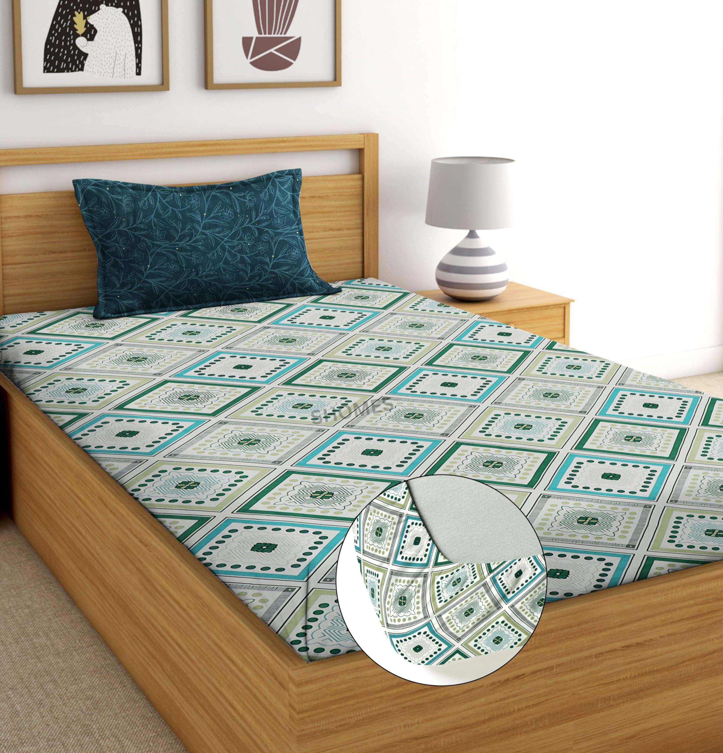Shomes Elastic Fitted Bedsheet With 1 Large Size Pillow Cover|Printed Single Bed With All Around Elastic,Size 72 X 36 X 8 Inches