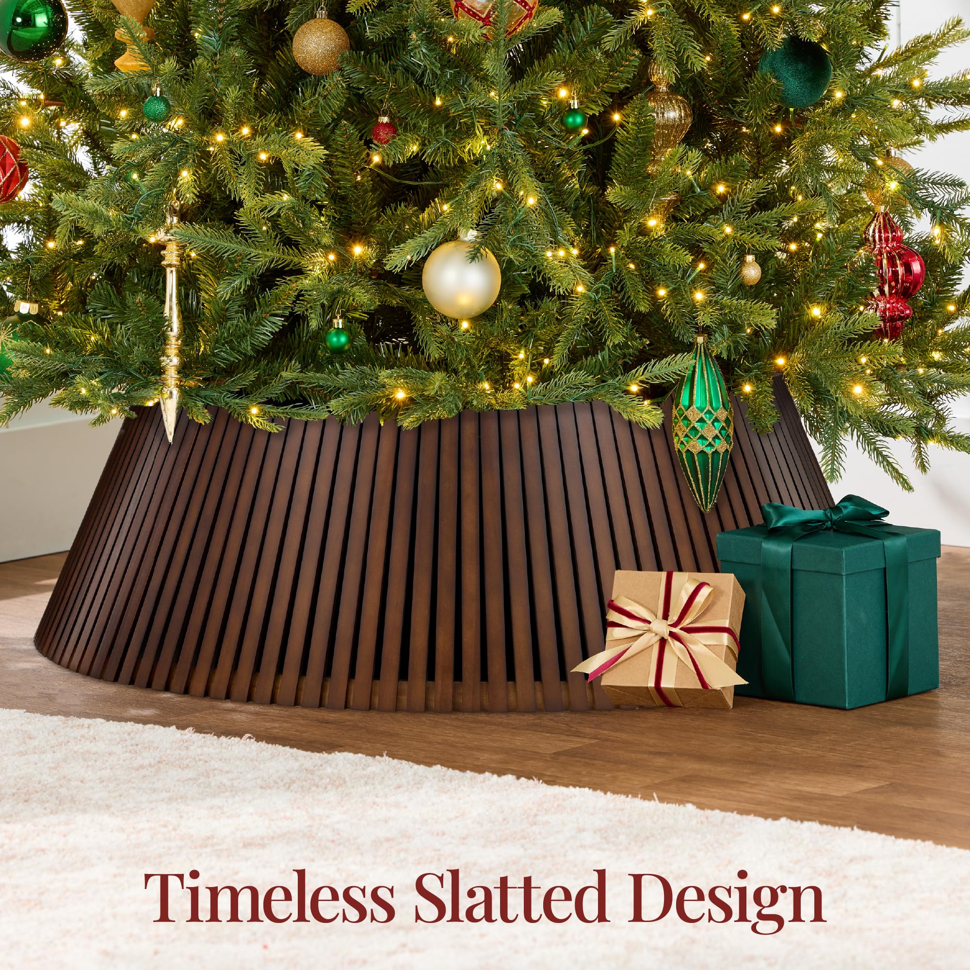 Best Choice Products 36in Christmas Tree Collar, Solid Wood Slatted Tree Skirt Holiday Accessory for Home - Walnut