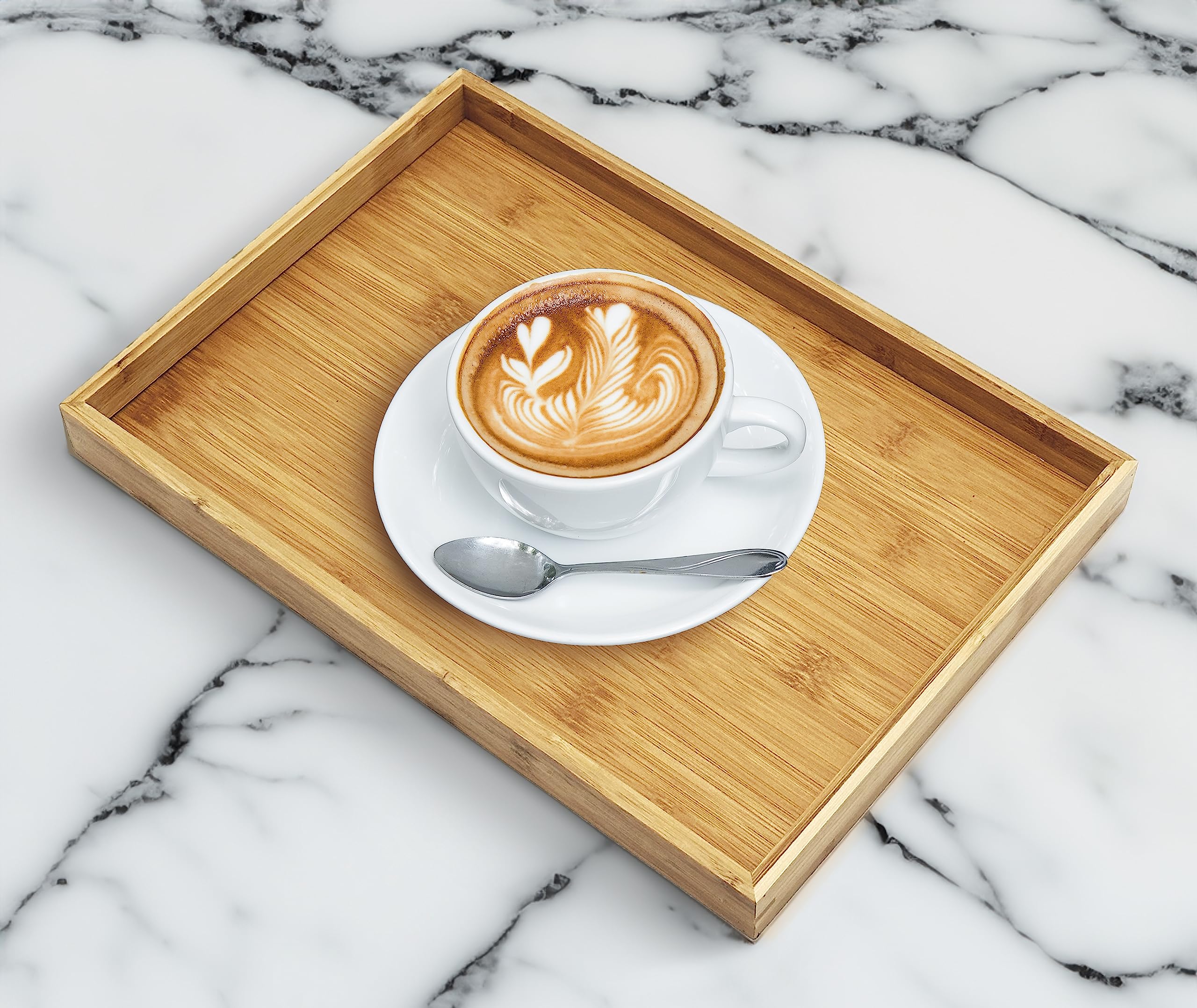 Bam & Boo - Natural Bamboo Serving Tray Modern Rectangular - For Food, Drinks, Decor, Vanity In Home, Kitchen, Bathroom, Coffee