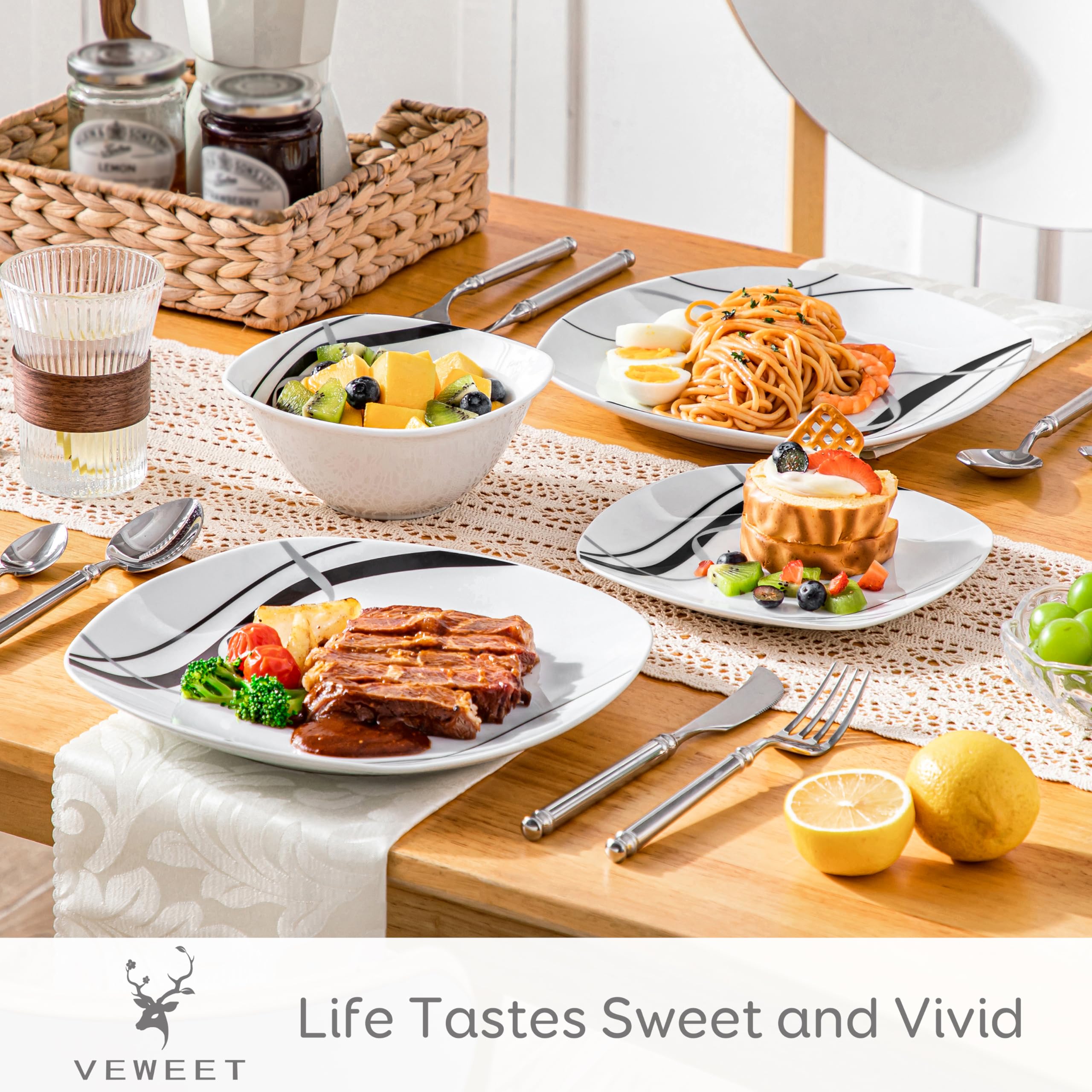 VEWEET Plates and Bowls Sets, Porcelain Dinnerware Sets for 4, 12 PCS Dish Set Including Dinner Plates, Dessert Plates and Cerea