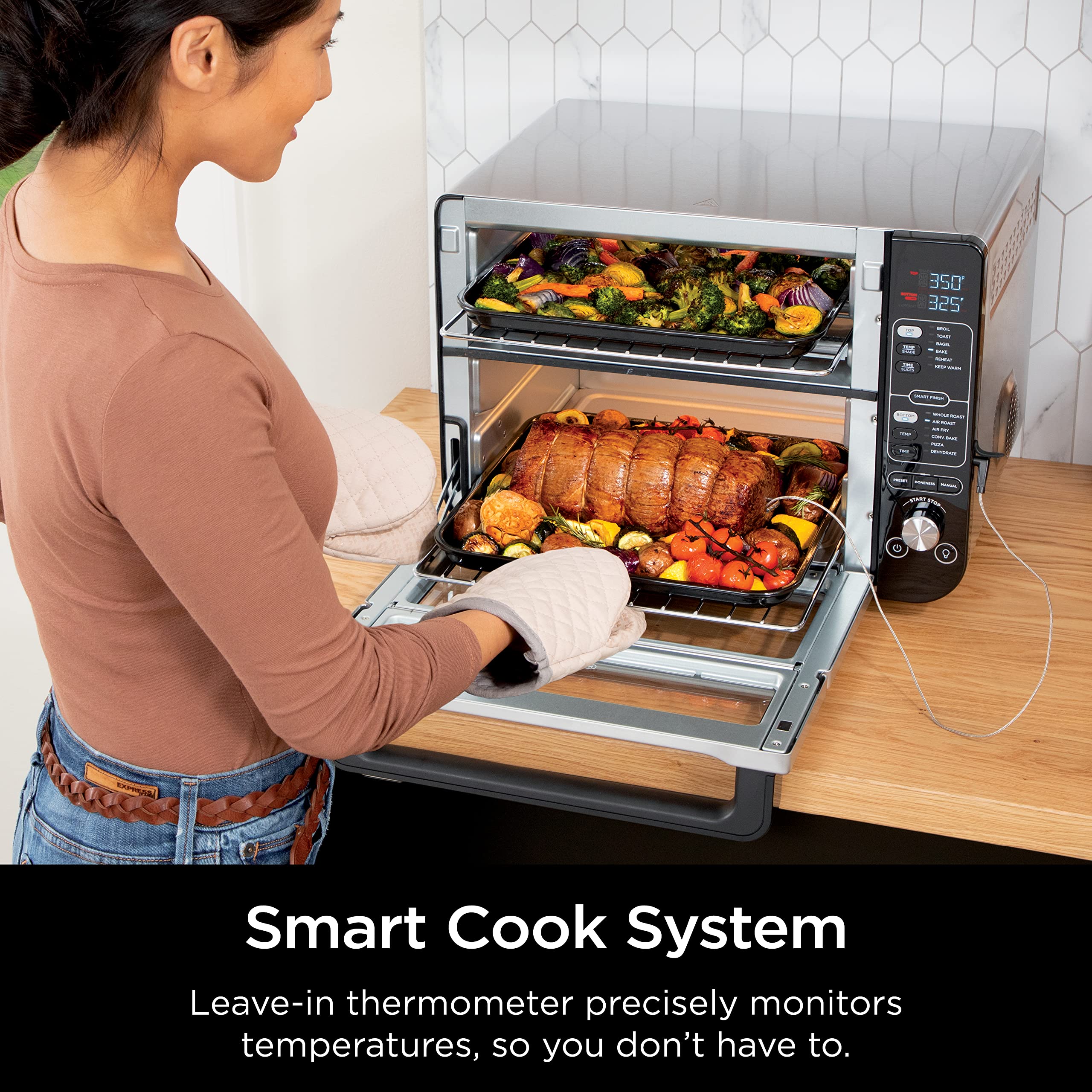 Ninja Dct451 12-In-1 Smart Double Oven With Flexdoor, Thermometer, Flavorseal, Smart Finish, Rapid Top Convection And Air Fry Bo