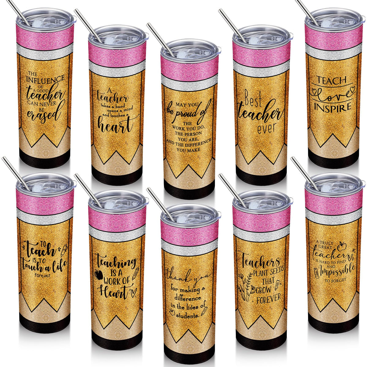 Singhoow 10 Pcs Skinny Tumblers Back To School Teacher Gifts Set 20 Oz Stainless Steel Tumblers With Lids And Straws Teacher App